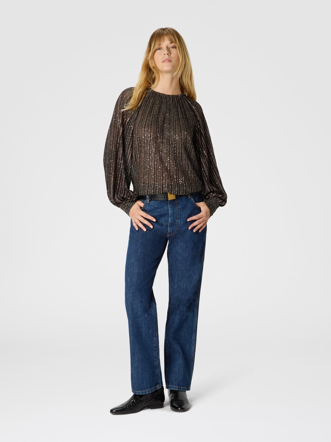 Flared Crew Neck Sweater with Lamé Stripes - 2