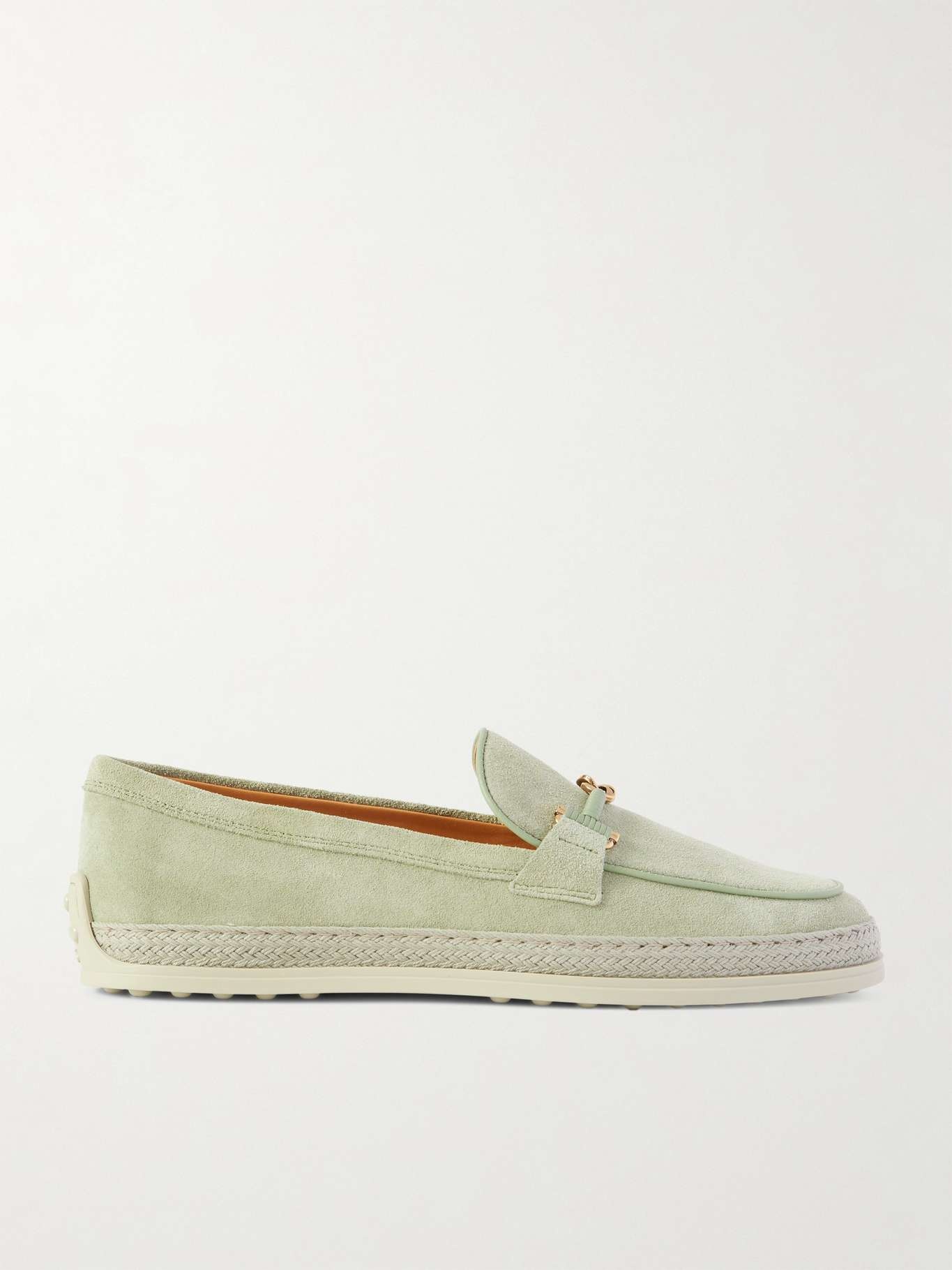 Gomma embellished leather and raffia-trimmed suede loafers Sage green - 1