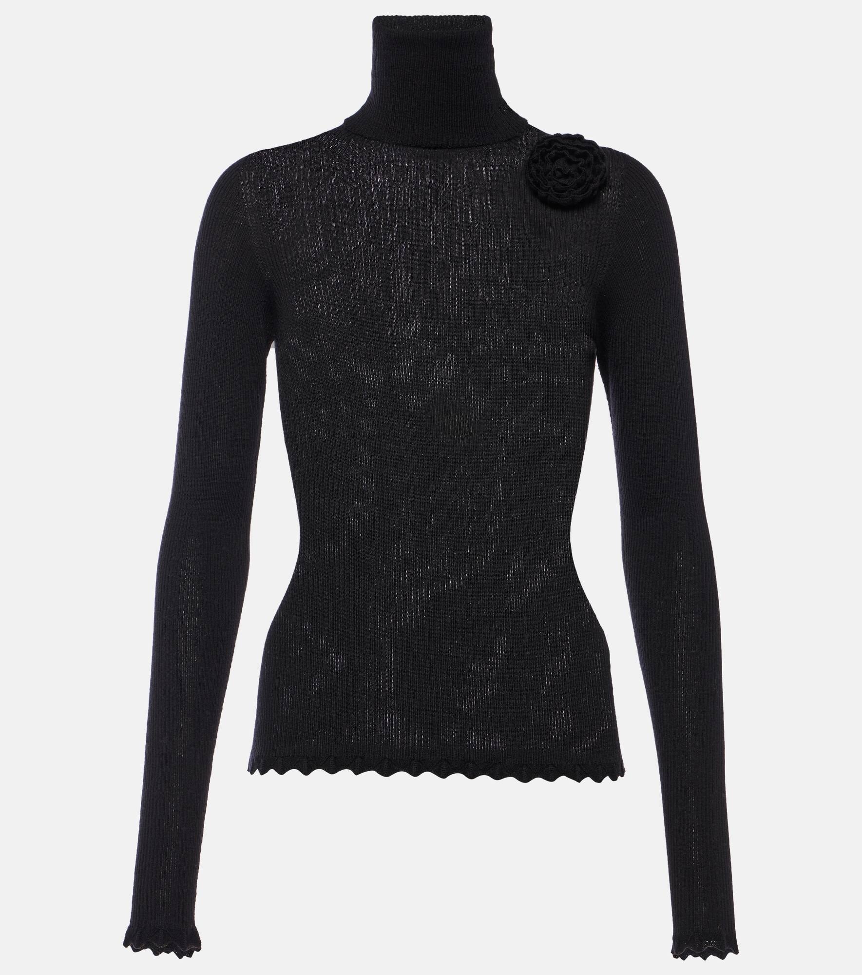 Floral-appliqué wool turtleneck sweater - 1