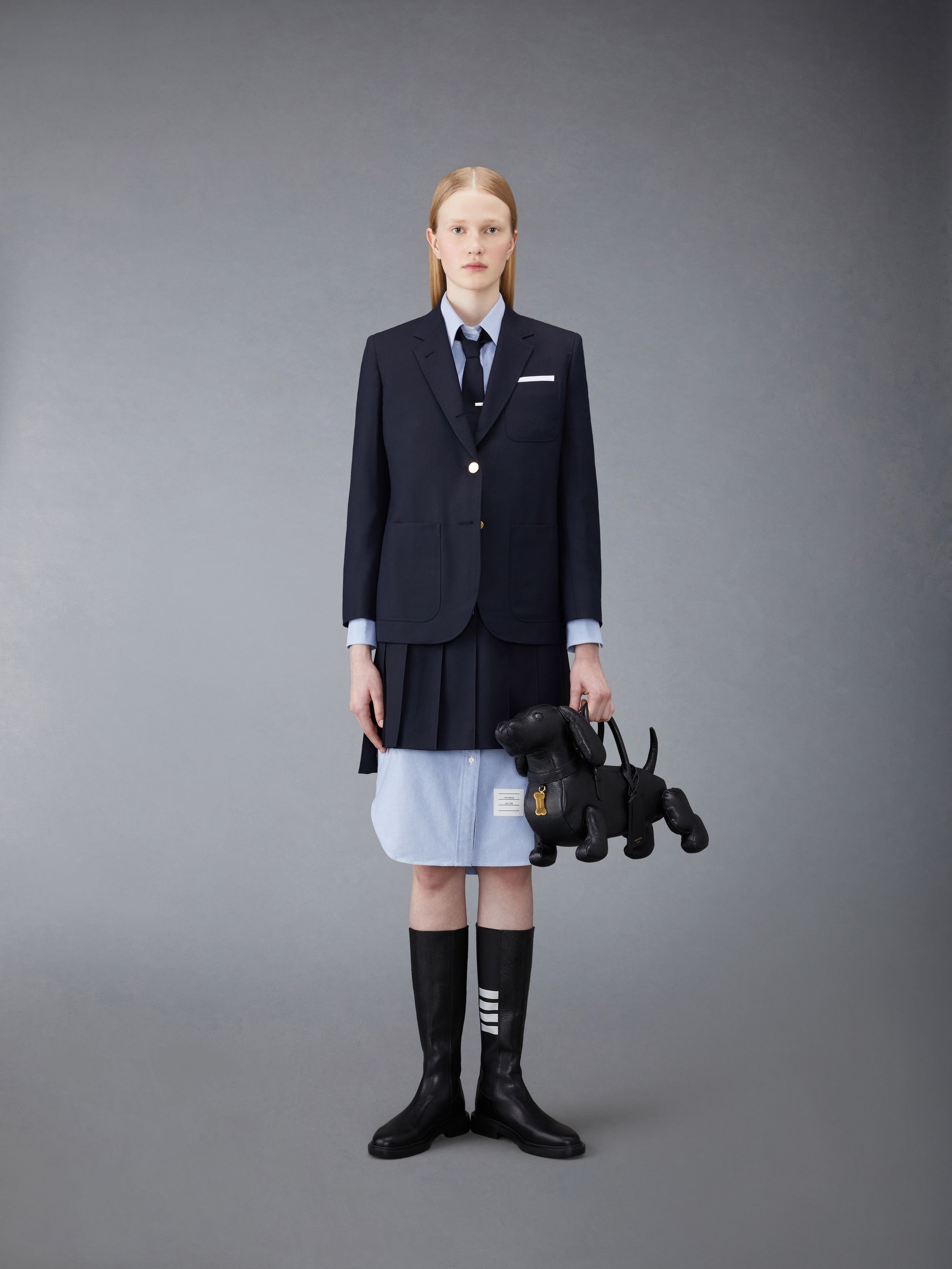 Thom Browne KNEE LENGTH POINT COLLAR SHIRTDRESS W/ RWB GROSGRAIN PLACKET IN OXFORD - 100 WHITE