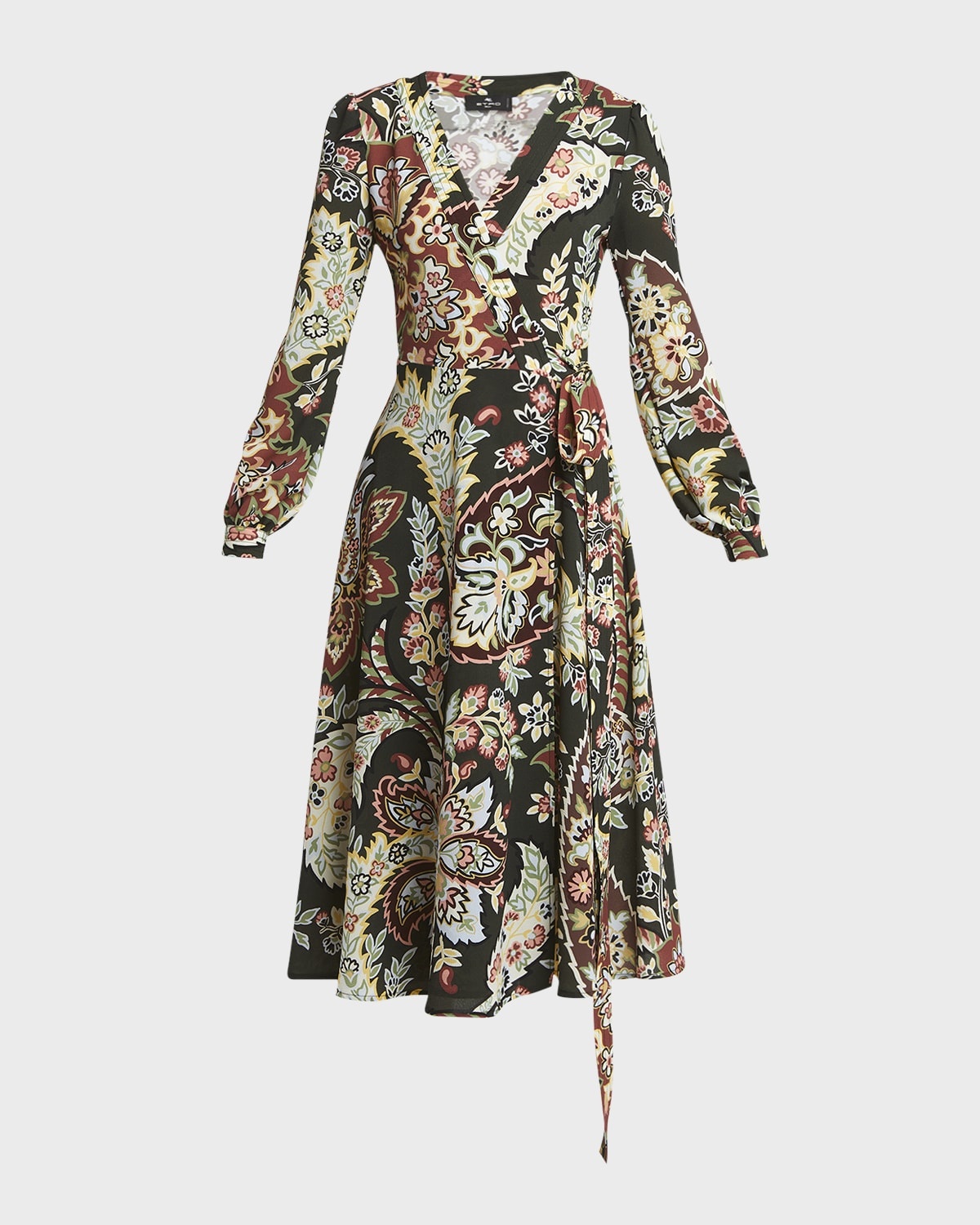 Blossom-Print Long-Sleeve Midi Wrap Dress - 1