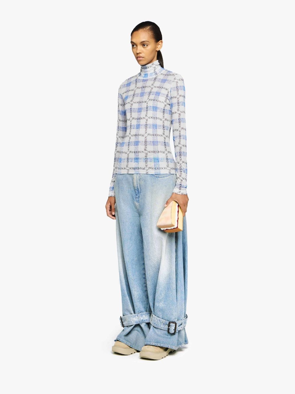 LOGO GRID CHECK PRINT - SHEER LONG SLEEVE TOP - 4