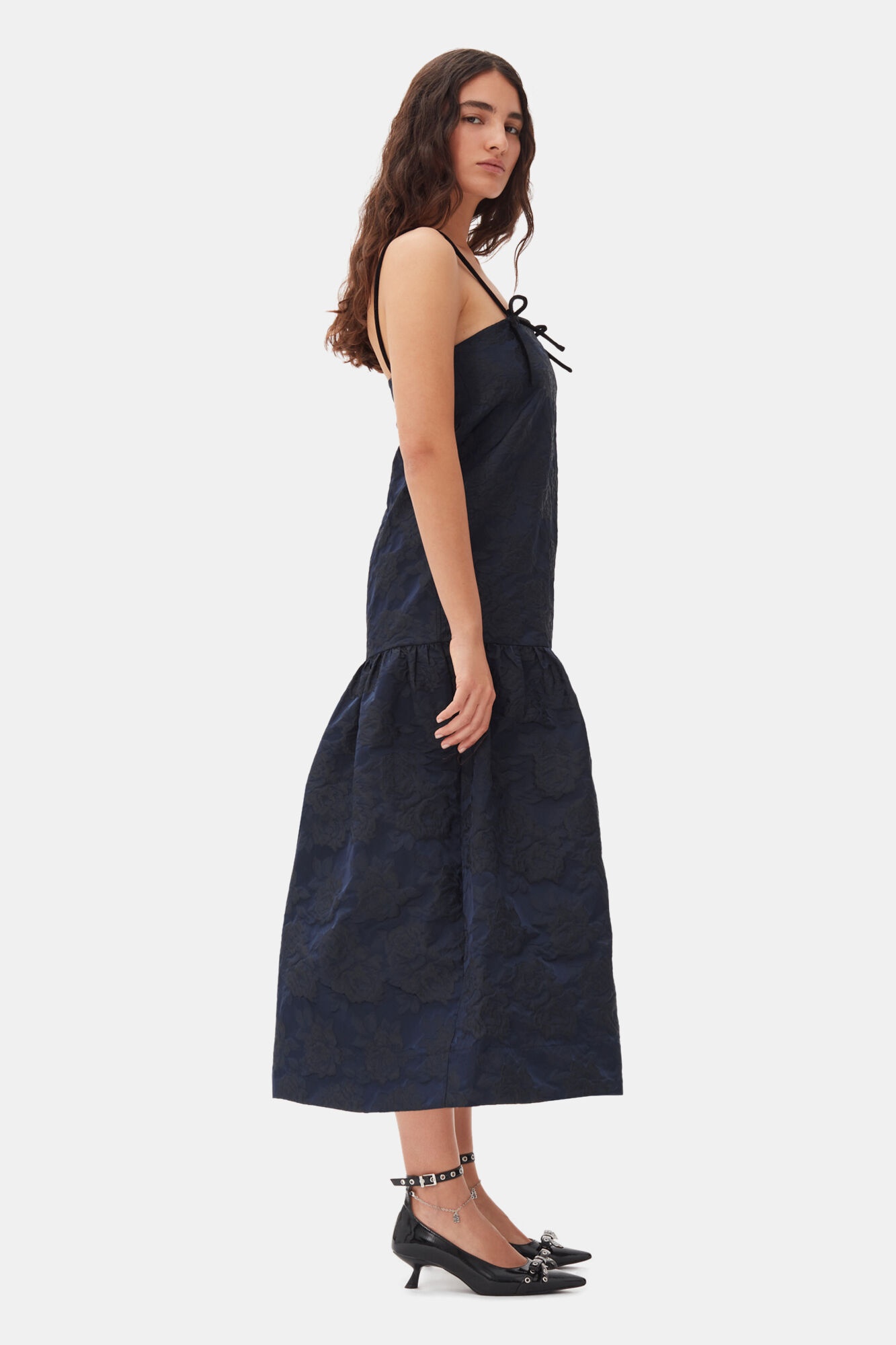 NAVY BLUE BOTANICAL JACQUARD STRAP MIDI DRESS - 4