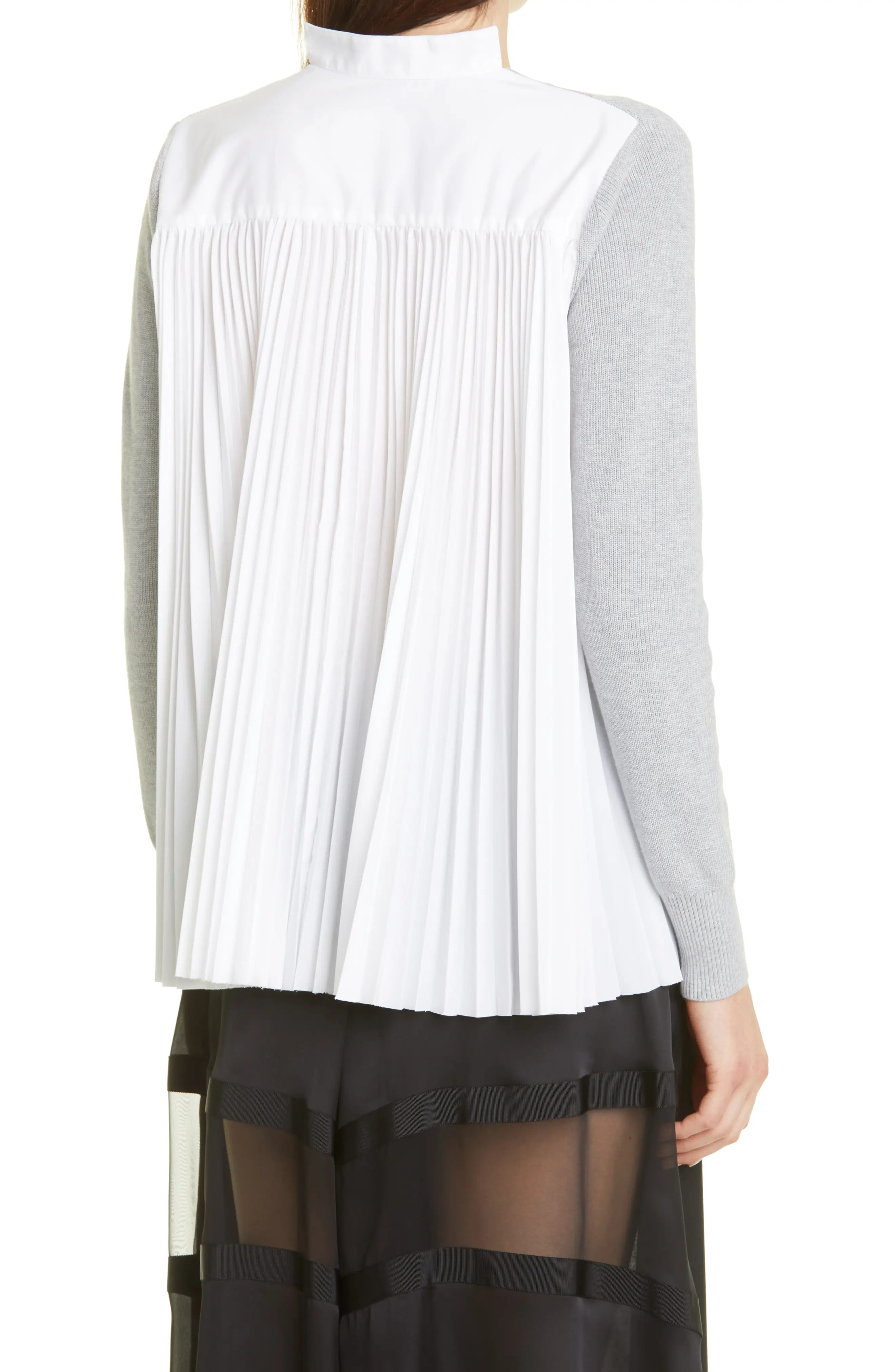 Pleated Back Cotton Cardigan in Light Grey/White - 2