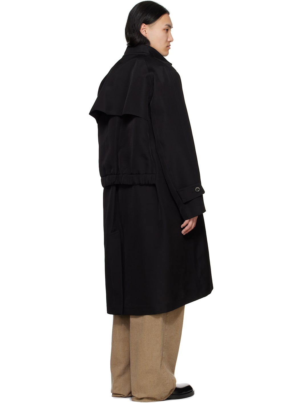 Black Double-Faced Silk Cotton Coat - 3