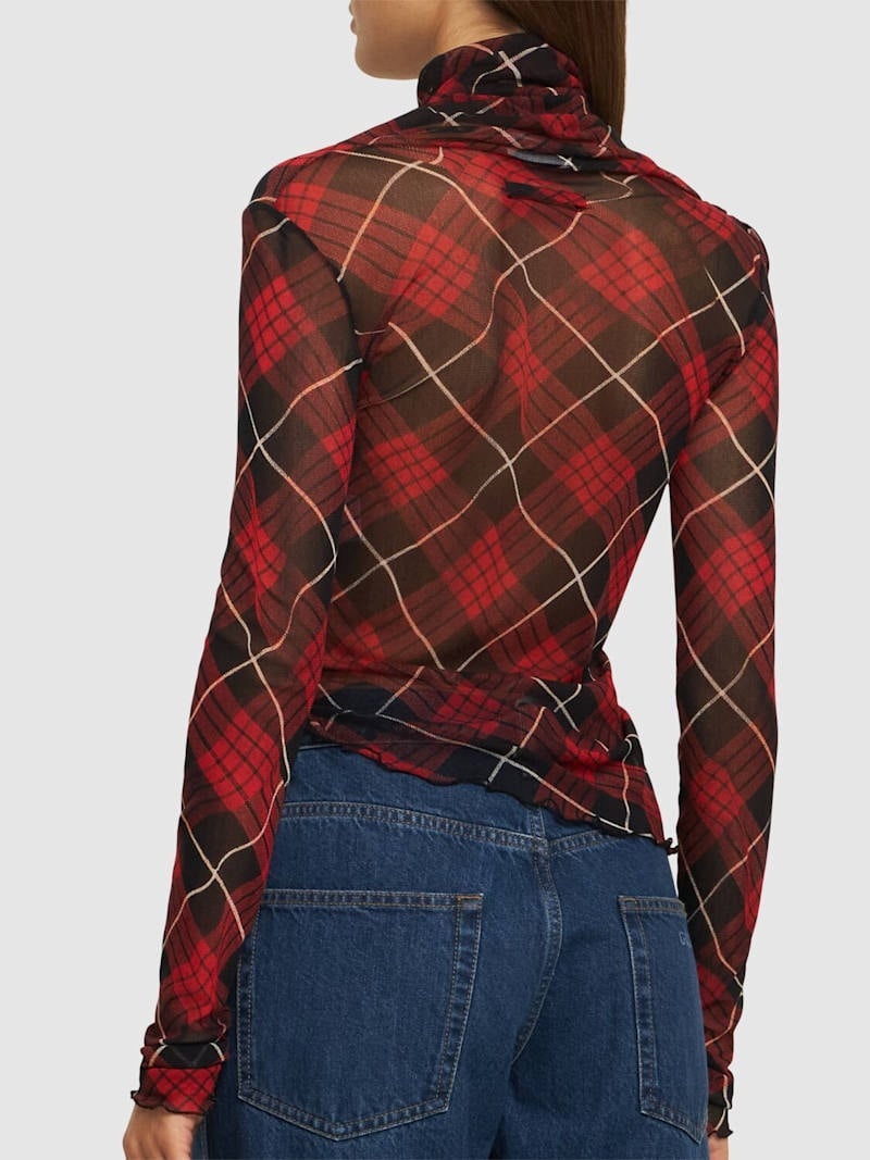 Distorted Tartan printed mesh draped top - 3