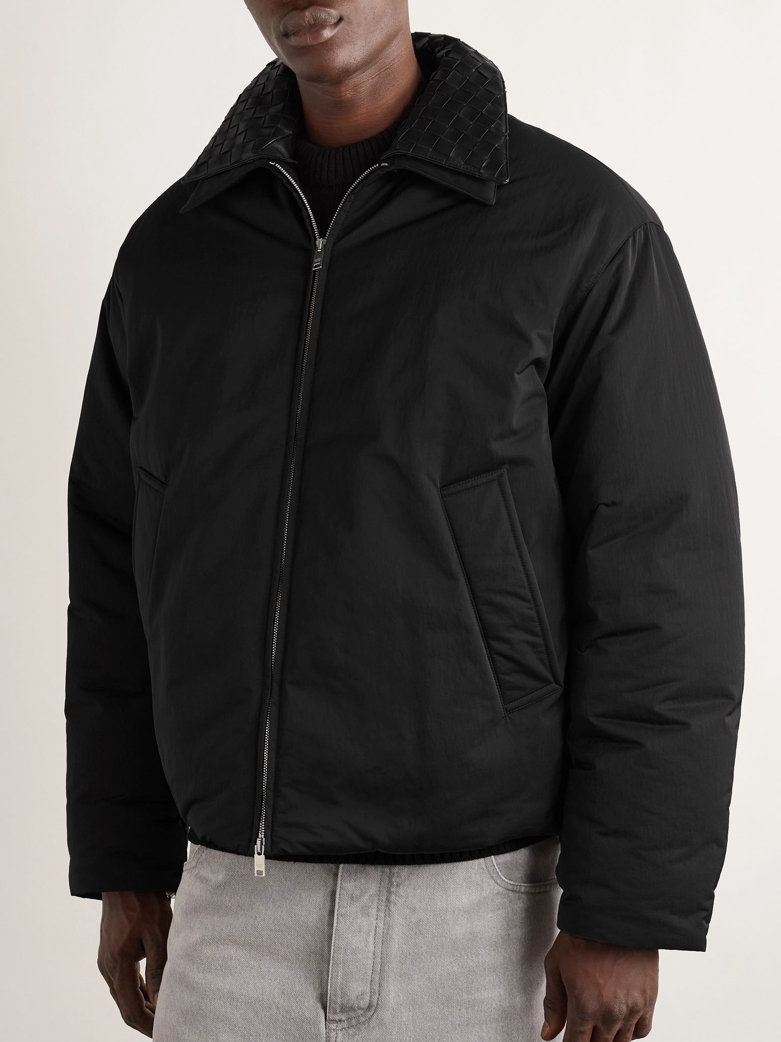 Intrecciato Leather-Trimmed Matte-Shell Down Jacket Black - 6