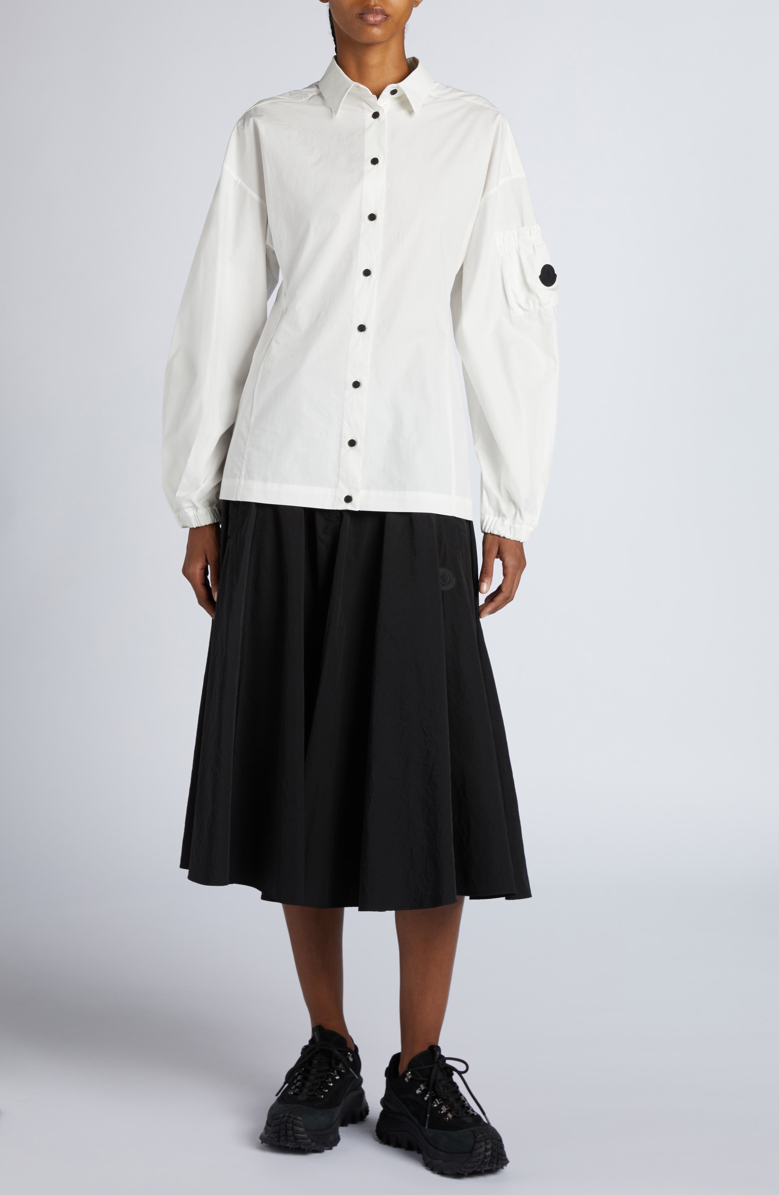 Moncler Logo Balloon Sleeve Cotton Button-Up Shirt in Bright White at Nordstrom - 2