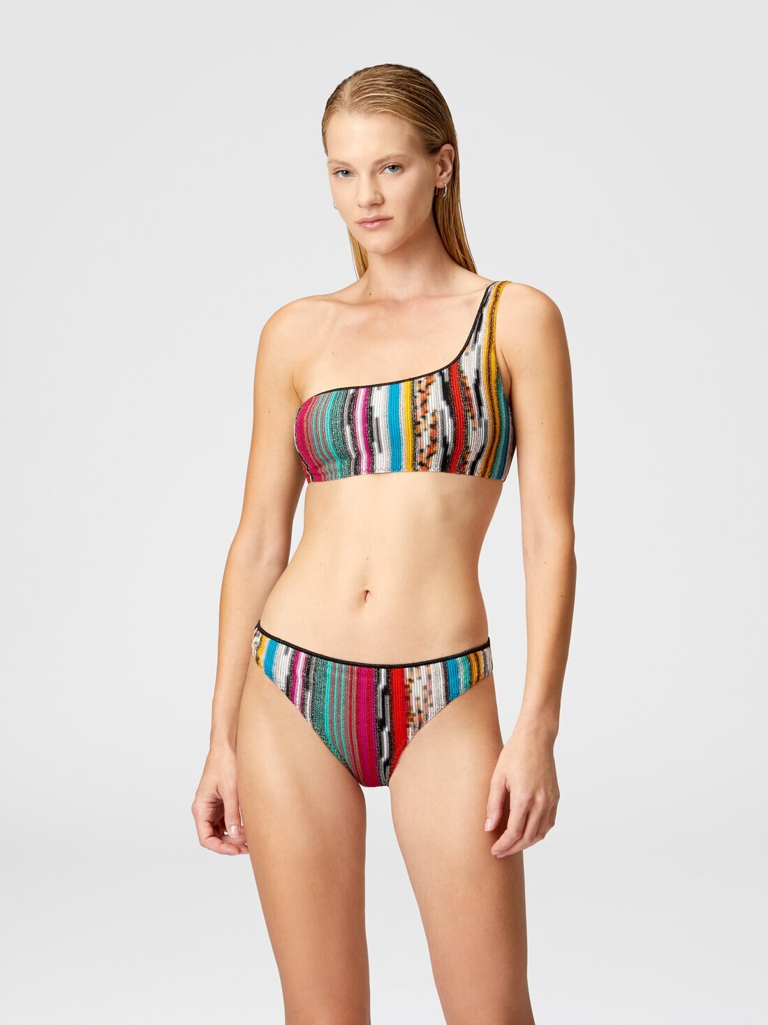 One-shoulder bikini in lamé slub viscose - 2