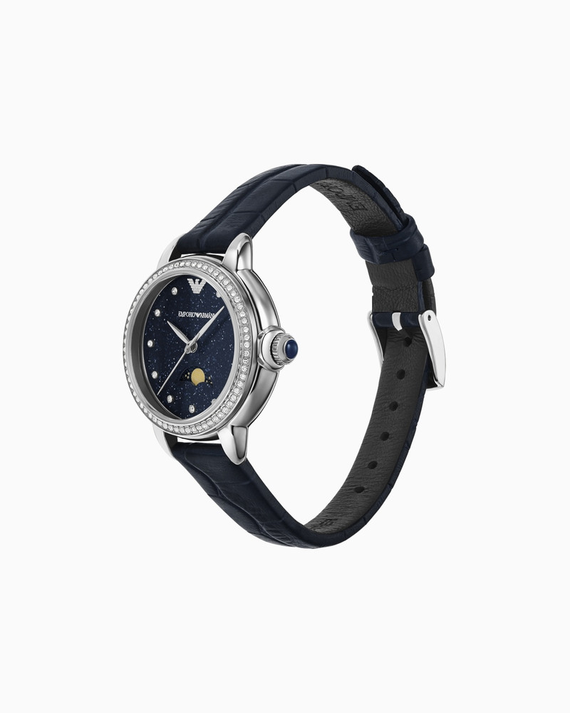 EMPORIO ARMANI THREE-HAND MOONPHASE BLUE LEATHER WATCH outlook