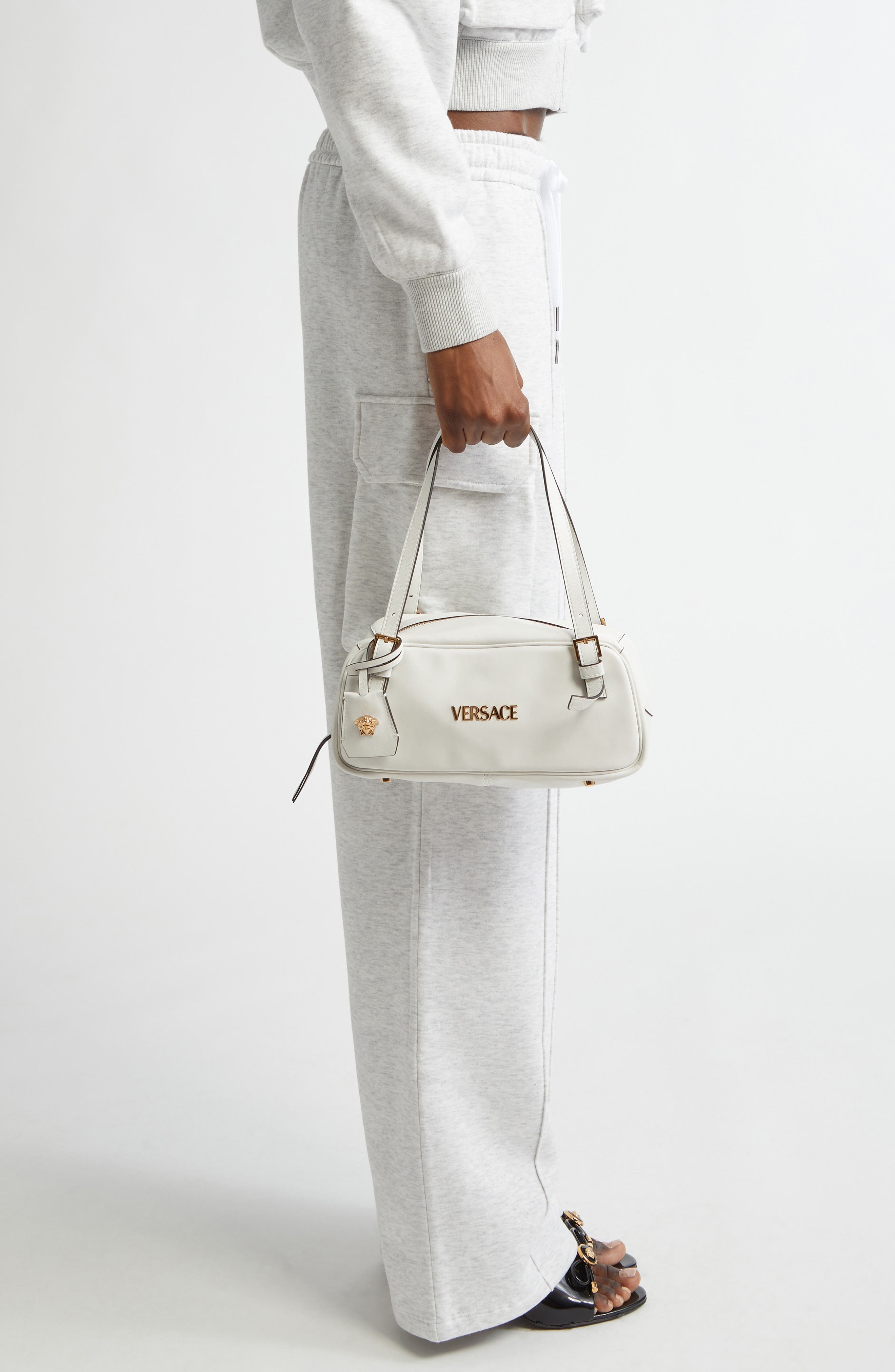 Versace Small Logo East/West Leather Shoulder Bag in Porcelain White Versace Gold at Nordstrom - 3