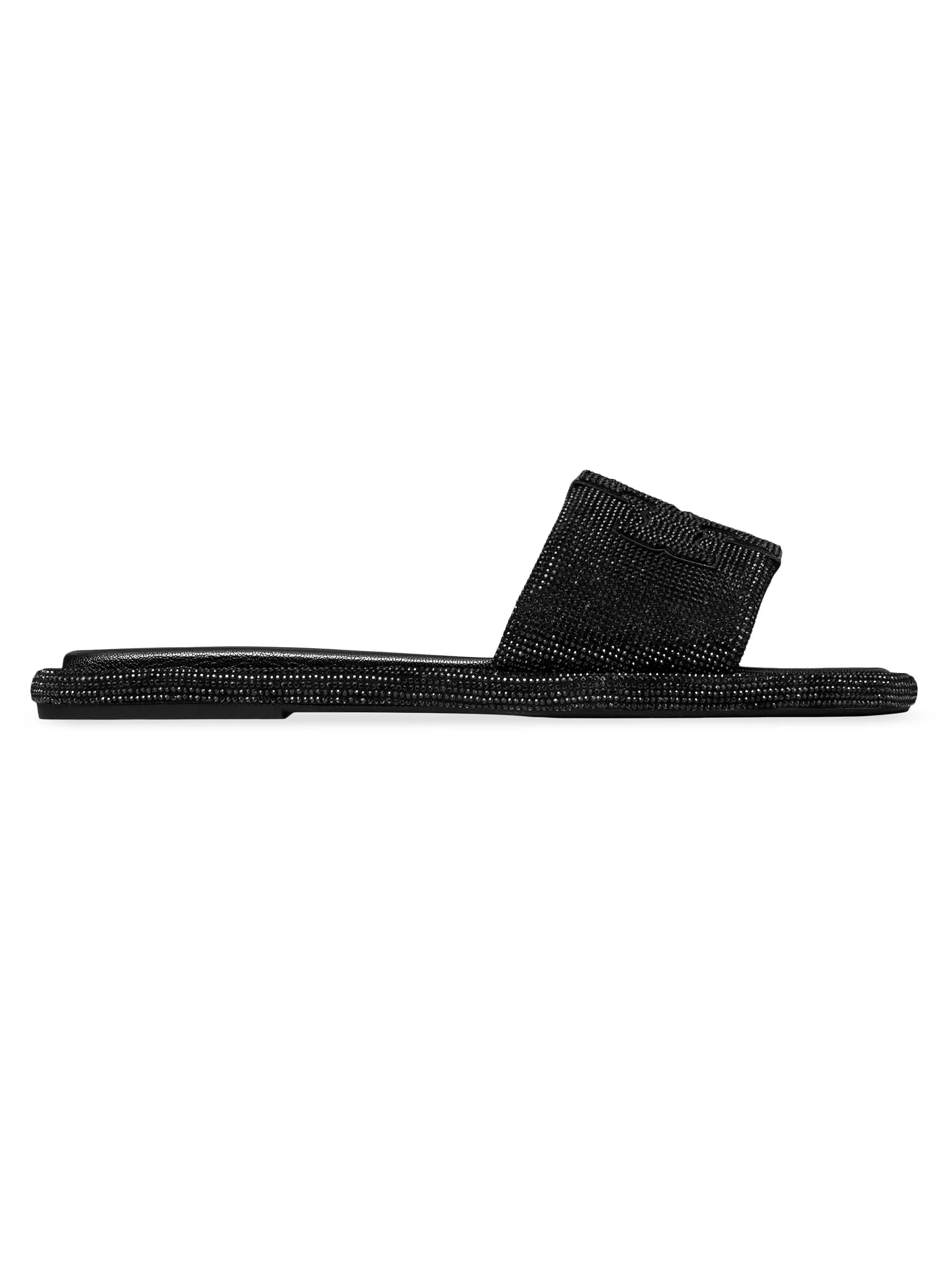 Women's Double-T Pavé Leather Slides - Perfect Black - 1