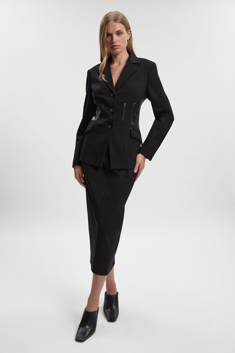 Ponte And Pu Mix Waist Seam Detail Tailored Single Breasted Blazer 1