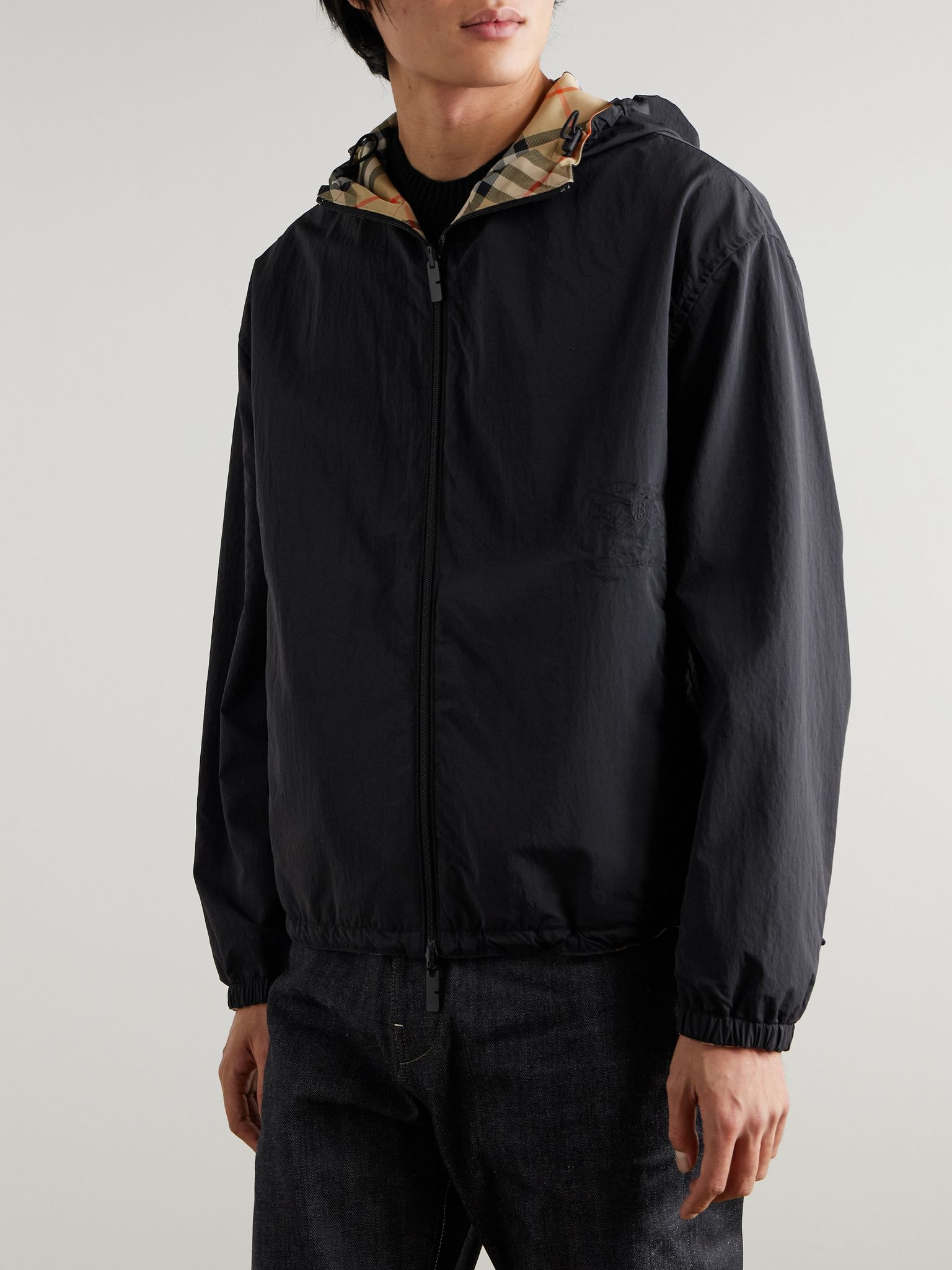 Reversible Checked Twill and Shell Hooded Jacket Brown - 3