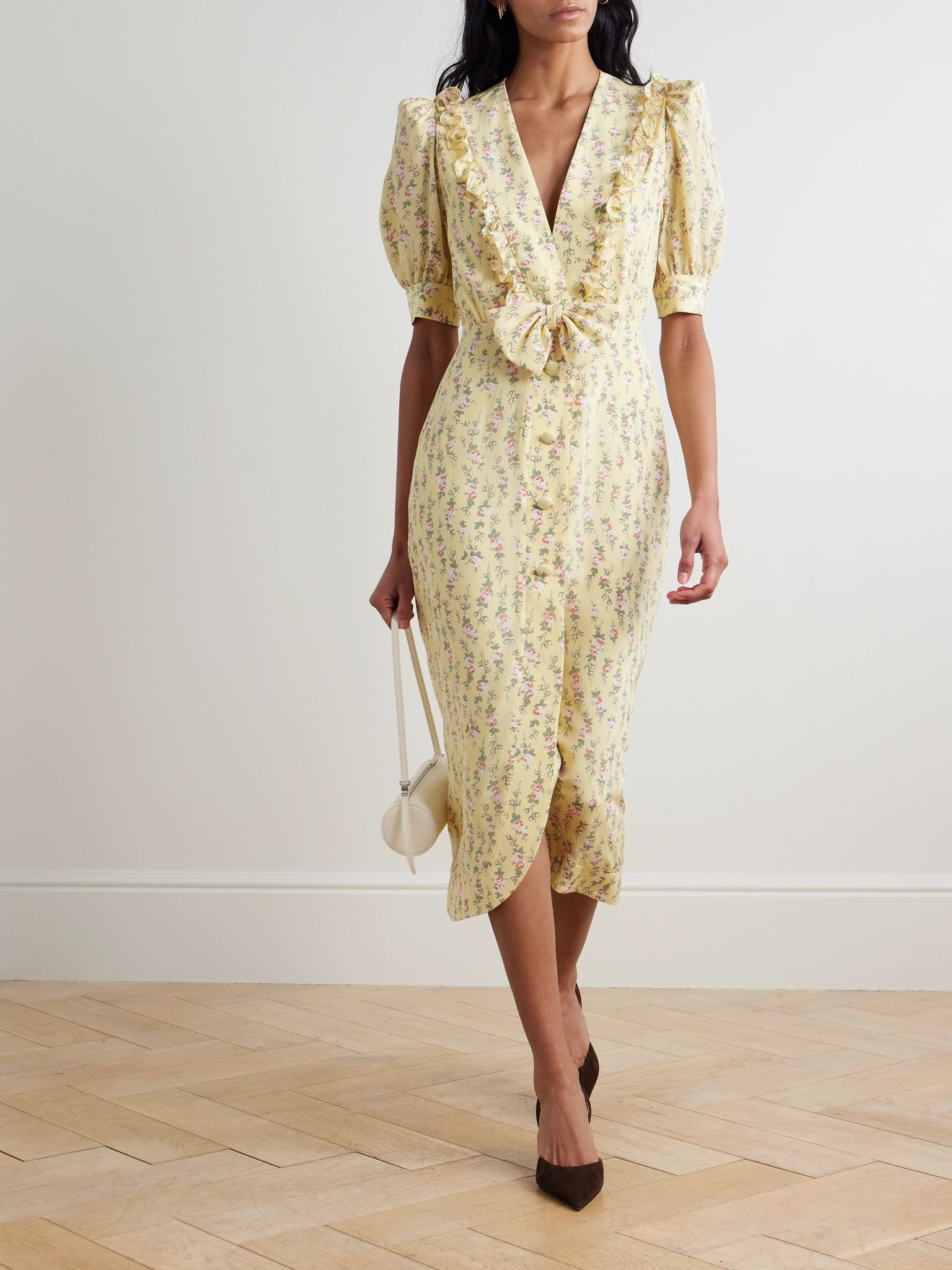 Garden Party bow-detailed floral-print silk crepe de chine midi dress Yellow - 2