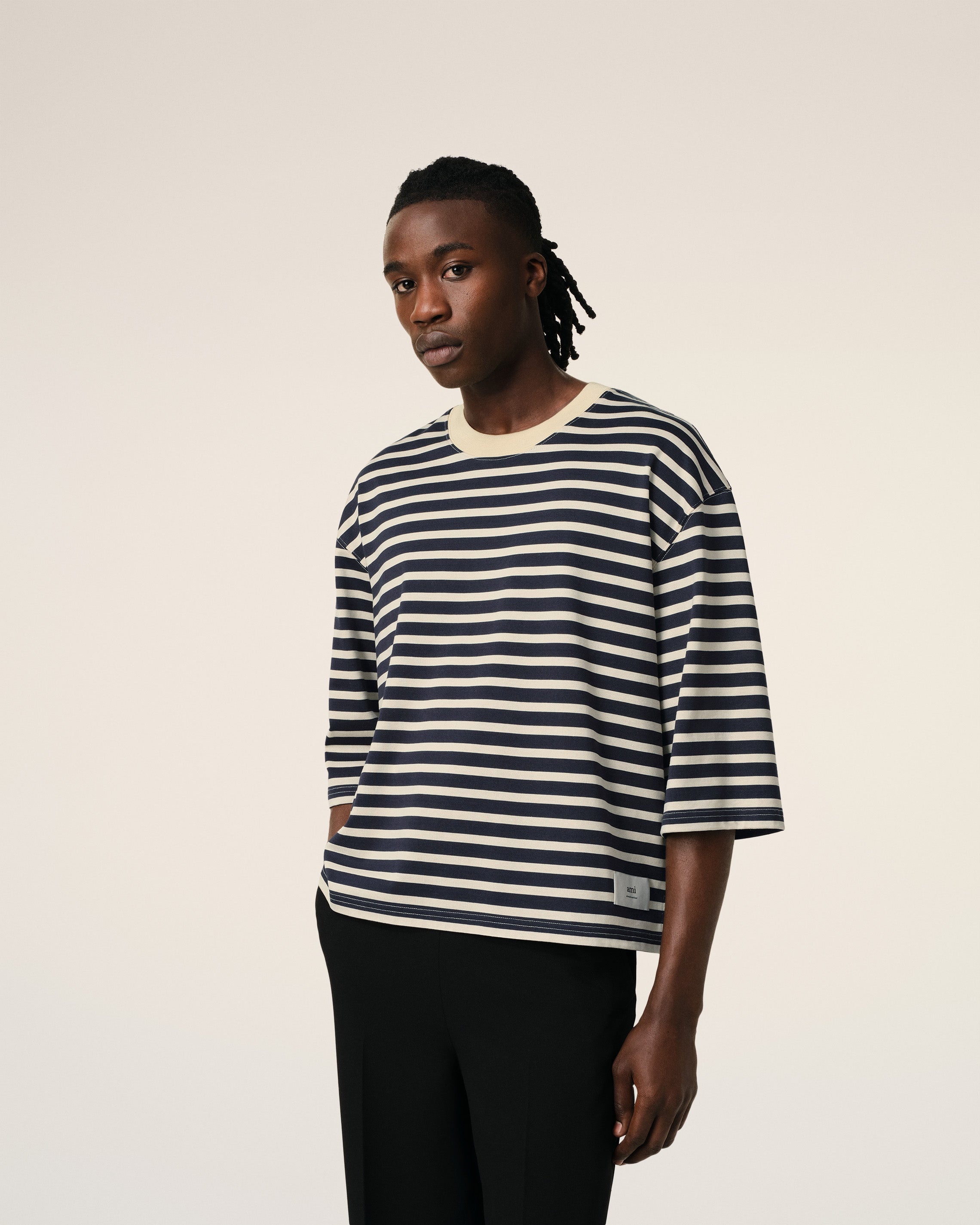 NAVY RECYCLED COTTON LOOSE STRIPED T-SHIRT - 3