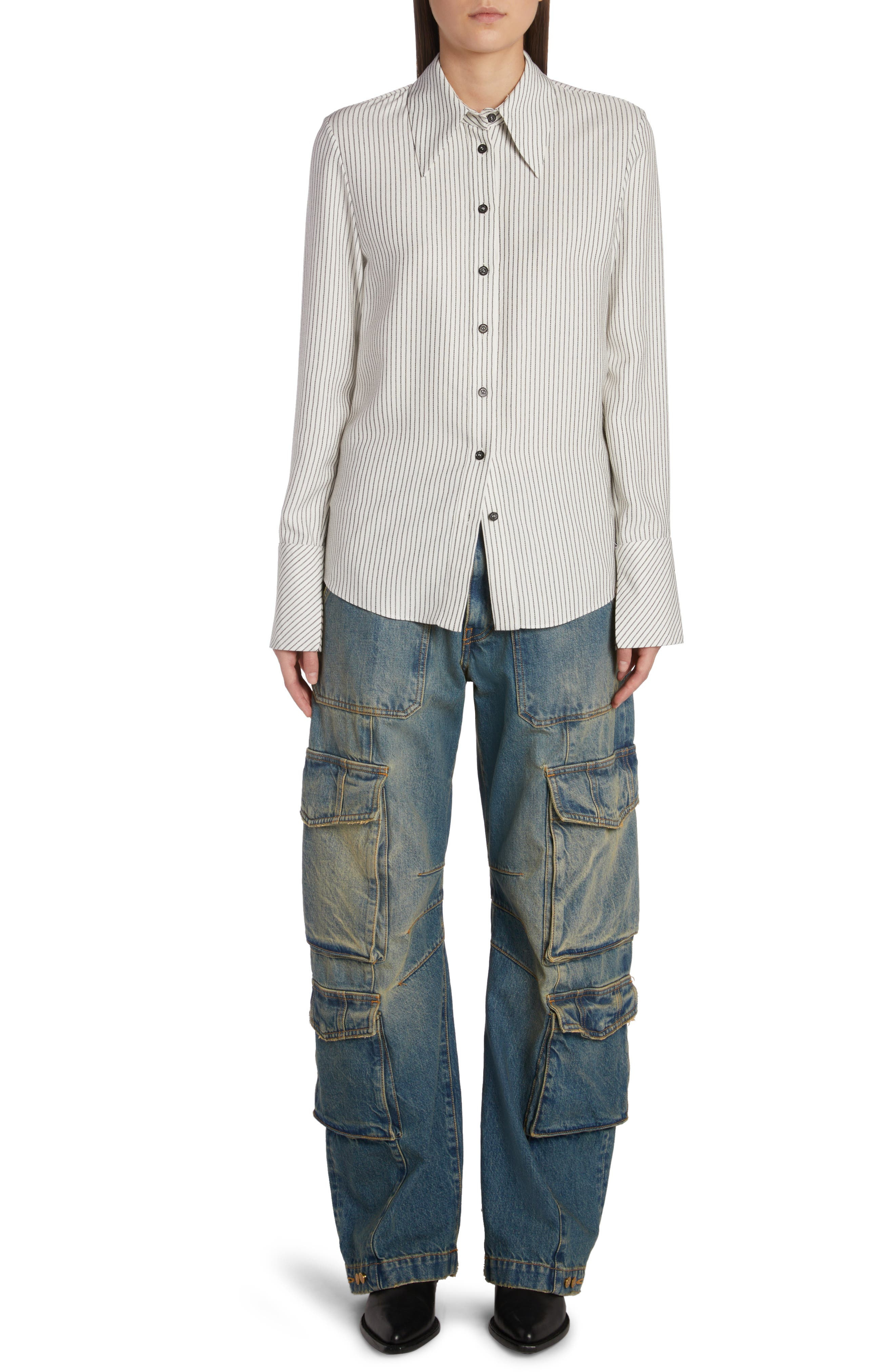 Golden Goose Journey Collection Slim Fit Stripe Button-Up Shirt in Arctic Wolf/Black at Nordstrom - 7