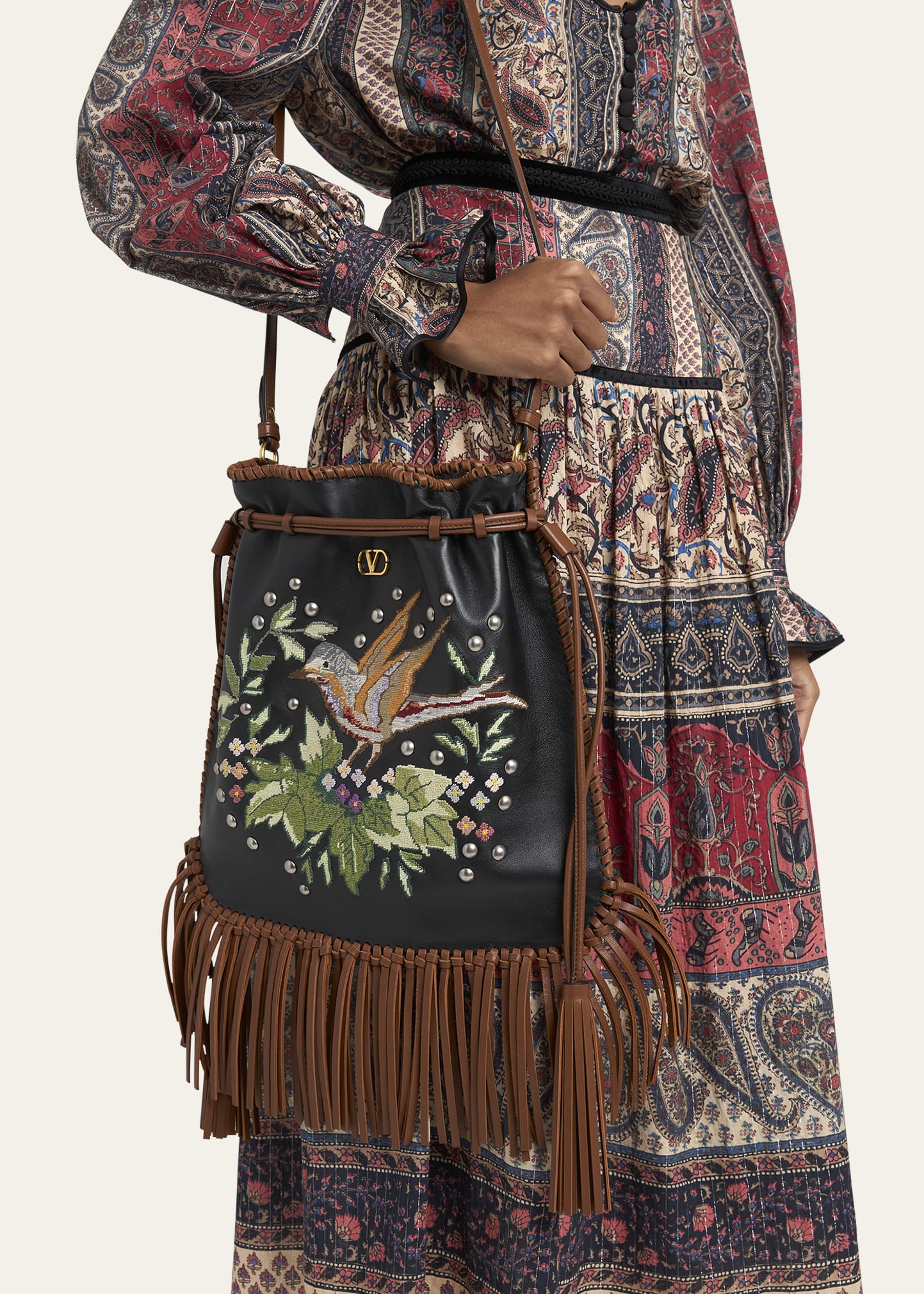 Nellcote Alice Large Fringe Studded Leather Bucket Bag - 2