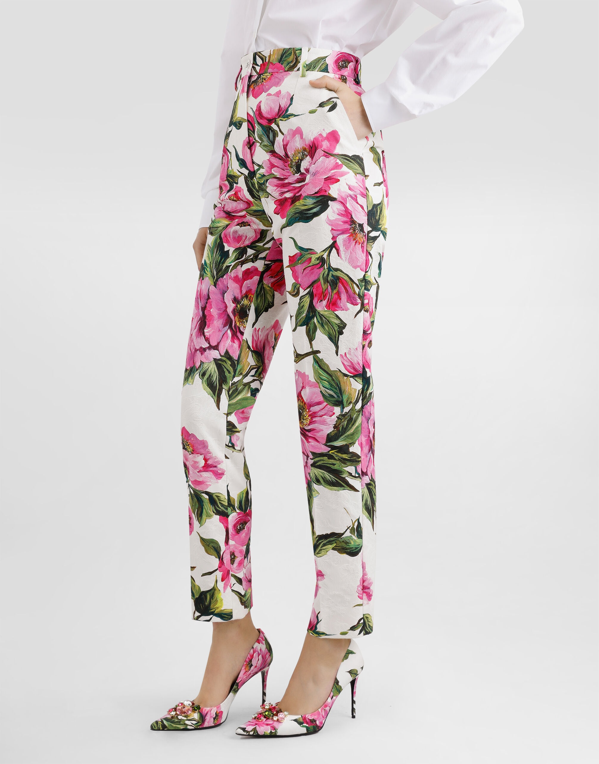 Peony-print cotton jacquard pants - 4