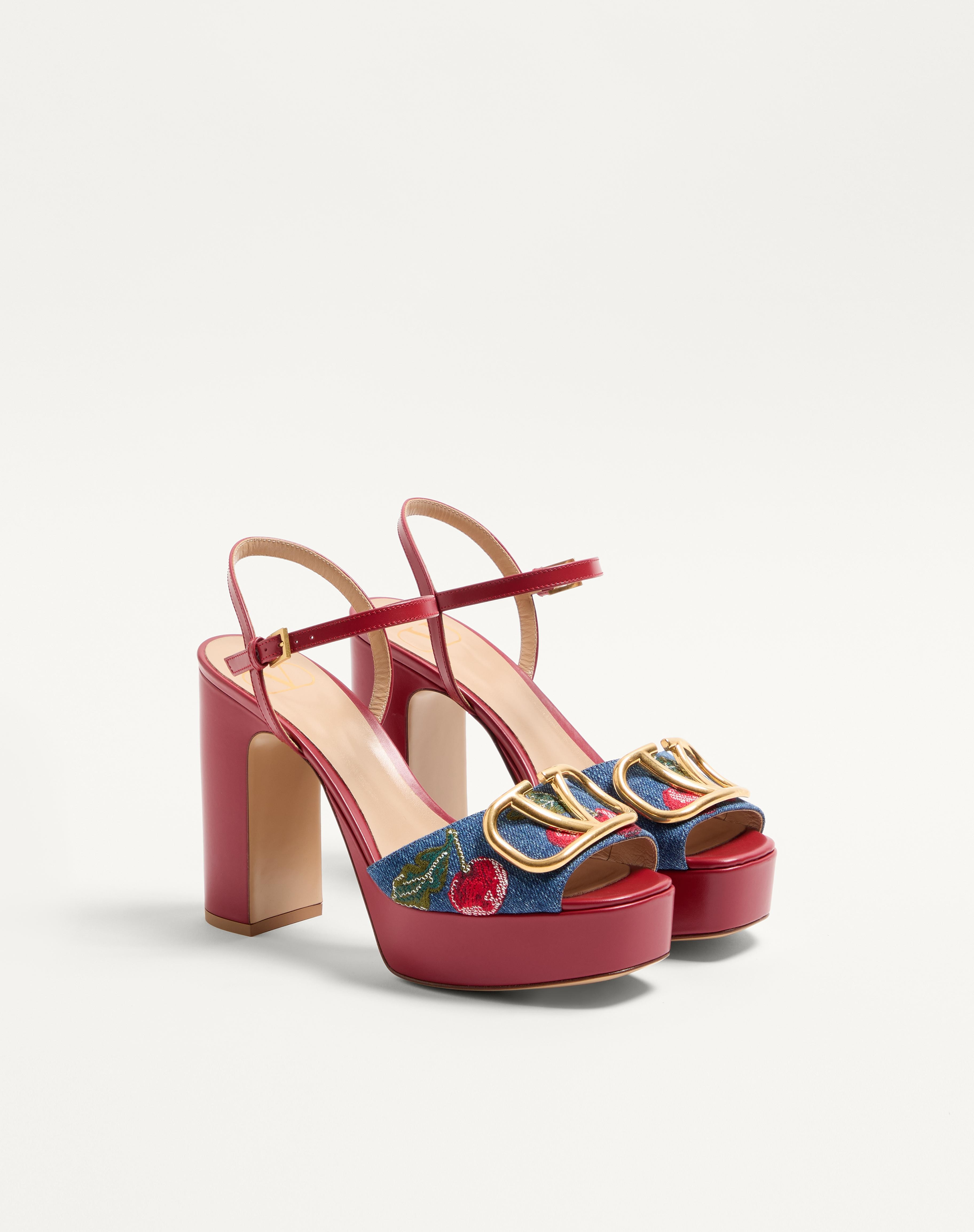 VLOGO SIGNATURE PLATFORM DENIM SANDAL WITH CHERRYFIC EMBROIDERY 115MM - 3