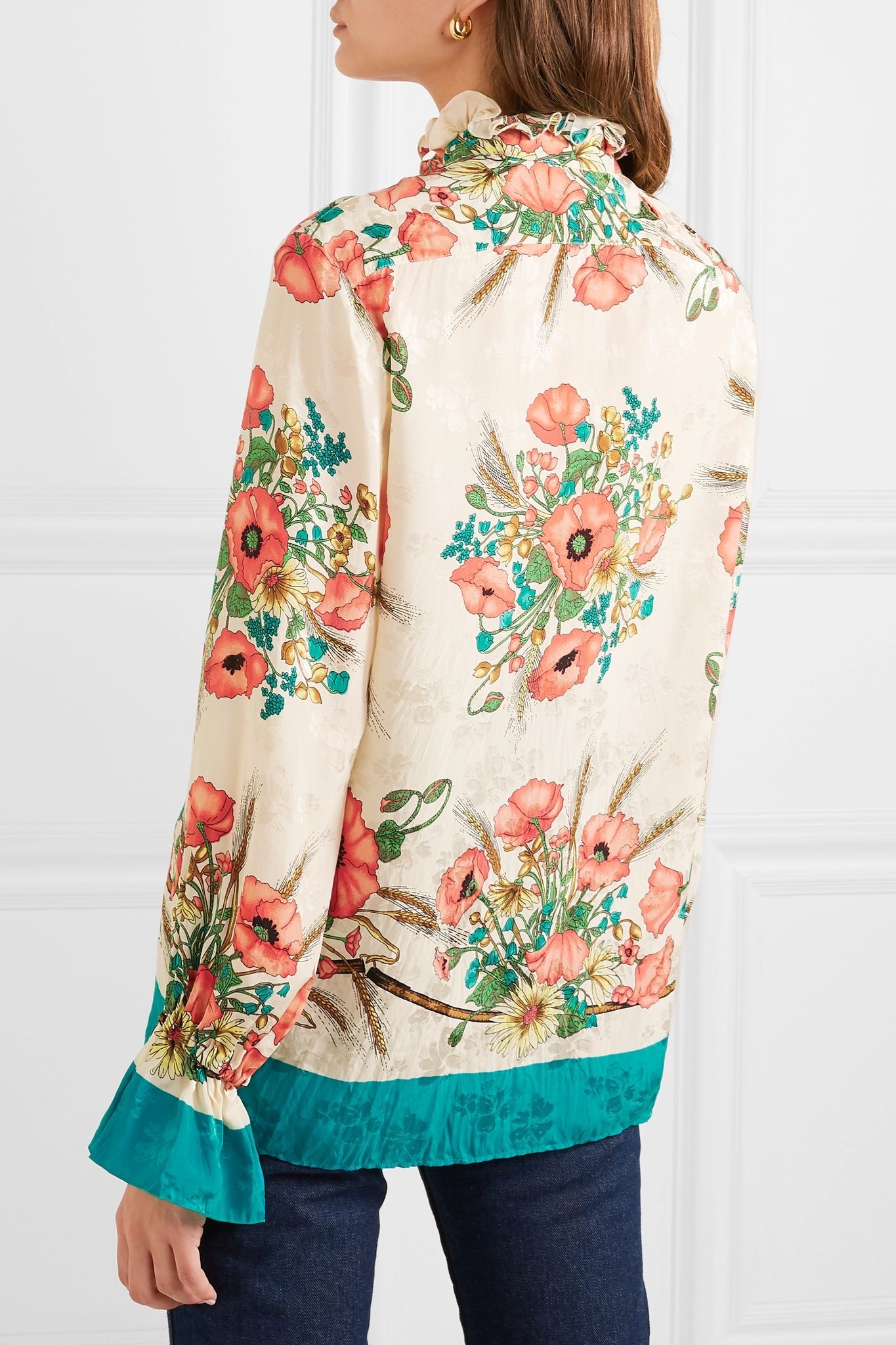 Ruffled floral-print silk-jacquard blouse - 4