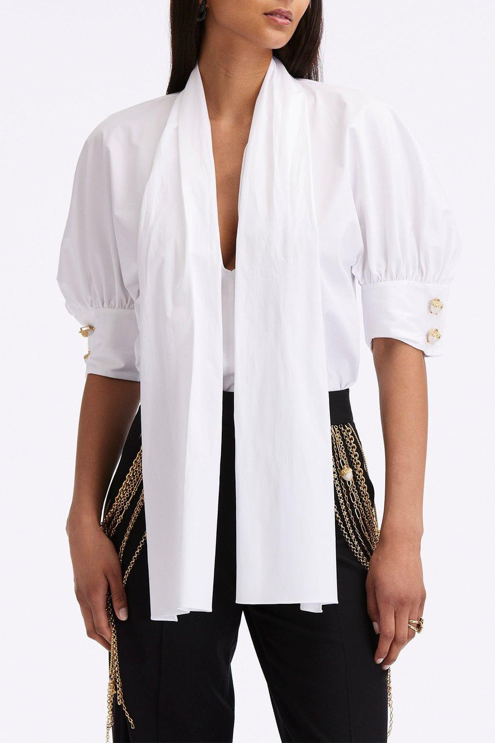 Elbow Sleeve Tie Neck Blouse - 2