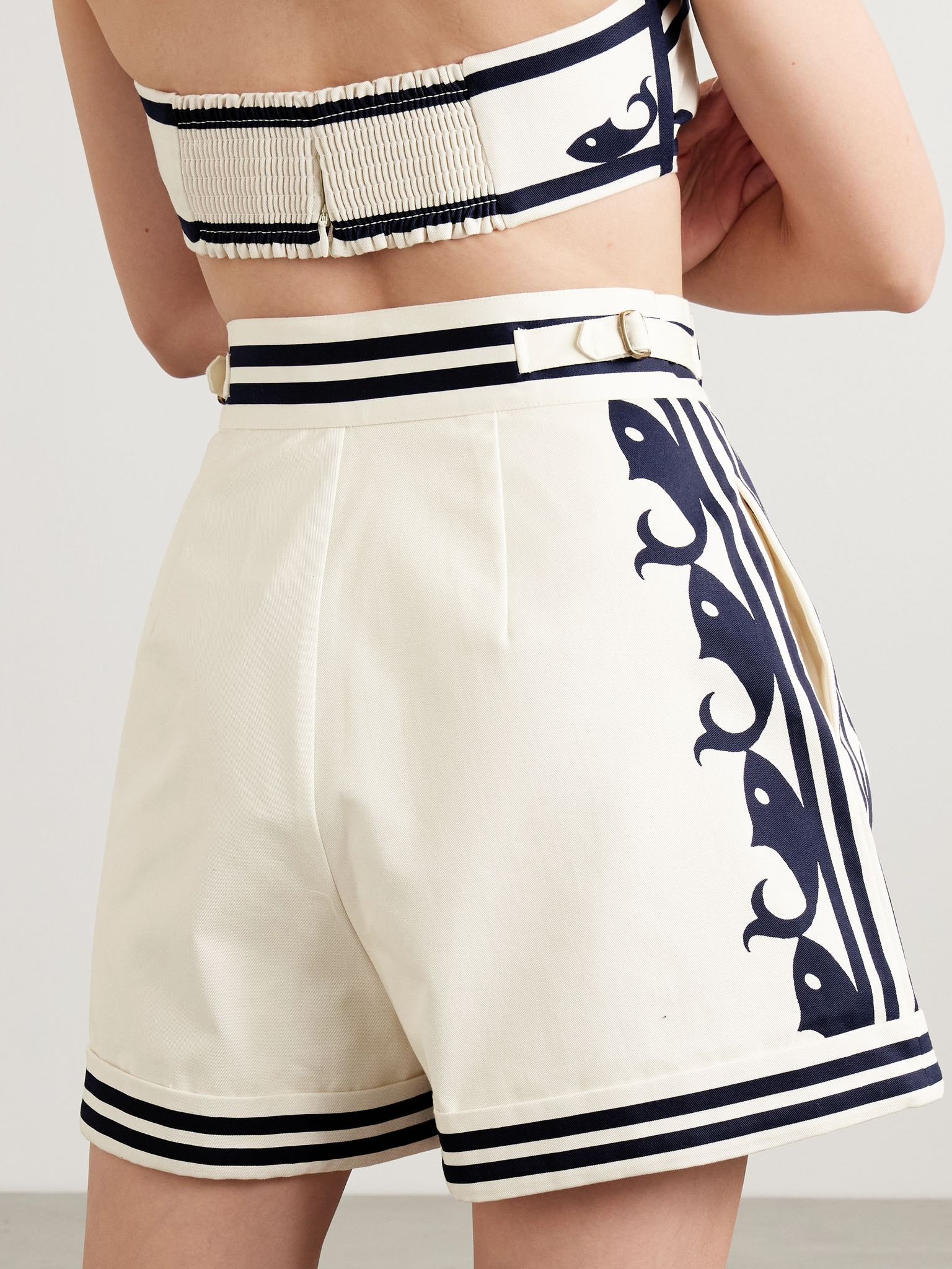 Marine pleated striped embroidered organic cotton shorts Cream - 3
