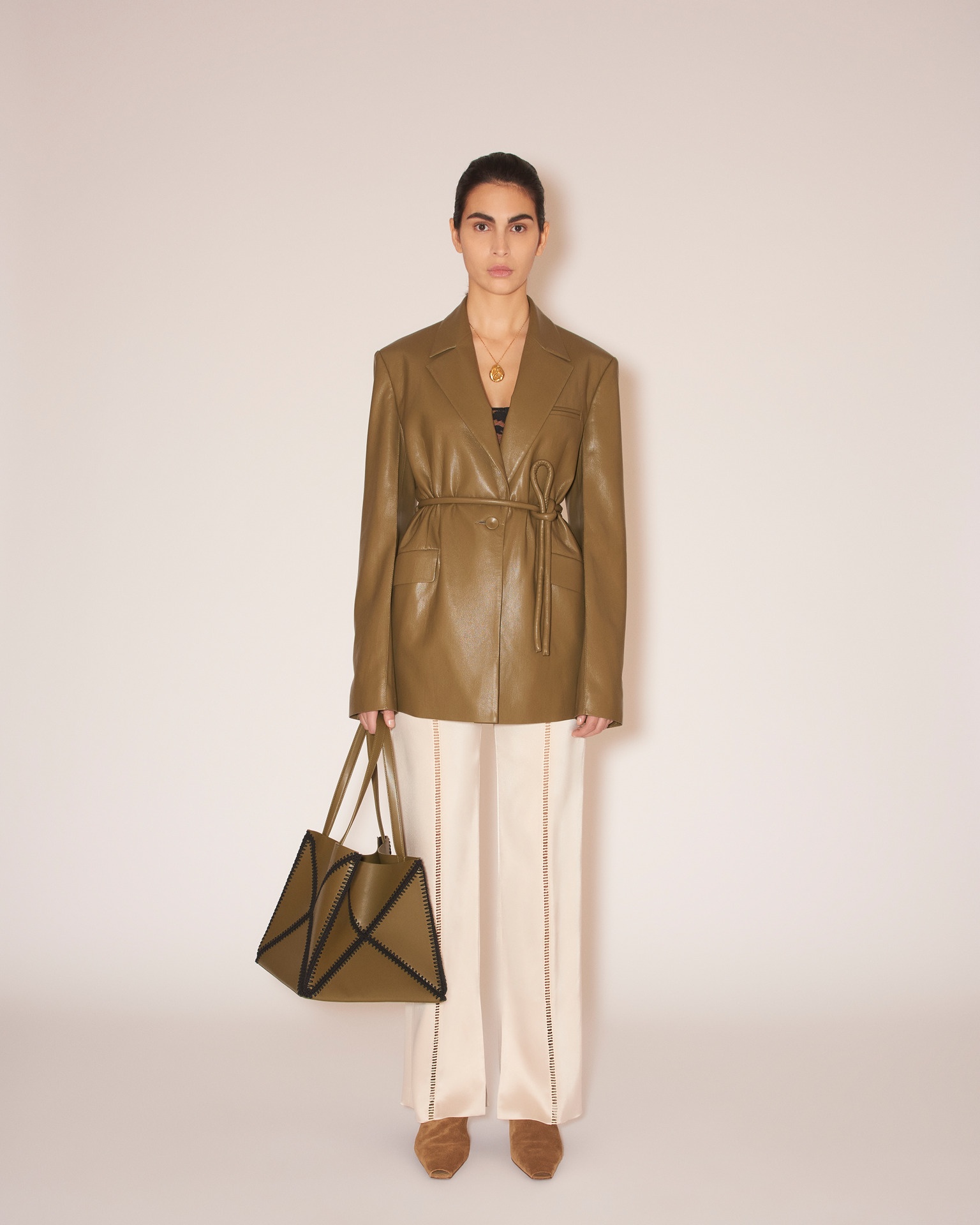 THE ORIGAMI TOTE - Vegan leather patchwork midi tote - Khaki - 4