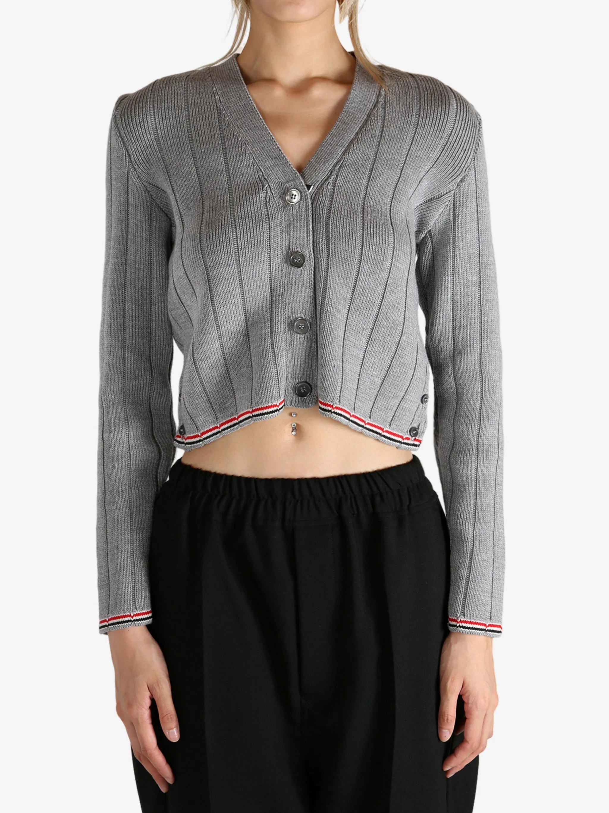 THOM BROWNE - Women Ladder Full Needle Rib Stitch V Neck Knitwear - 1