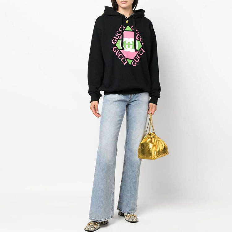 (WMNS) Gucci Logo Print Cotton Hoodie 'Black' 717427-XJEV6-1082 - 2