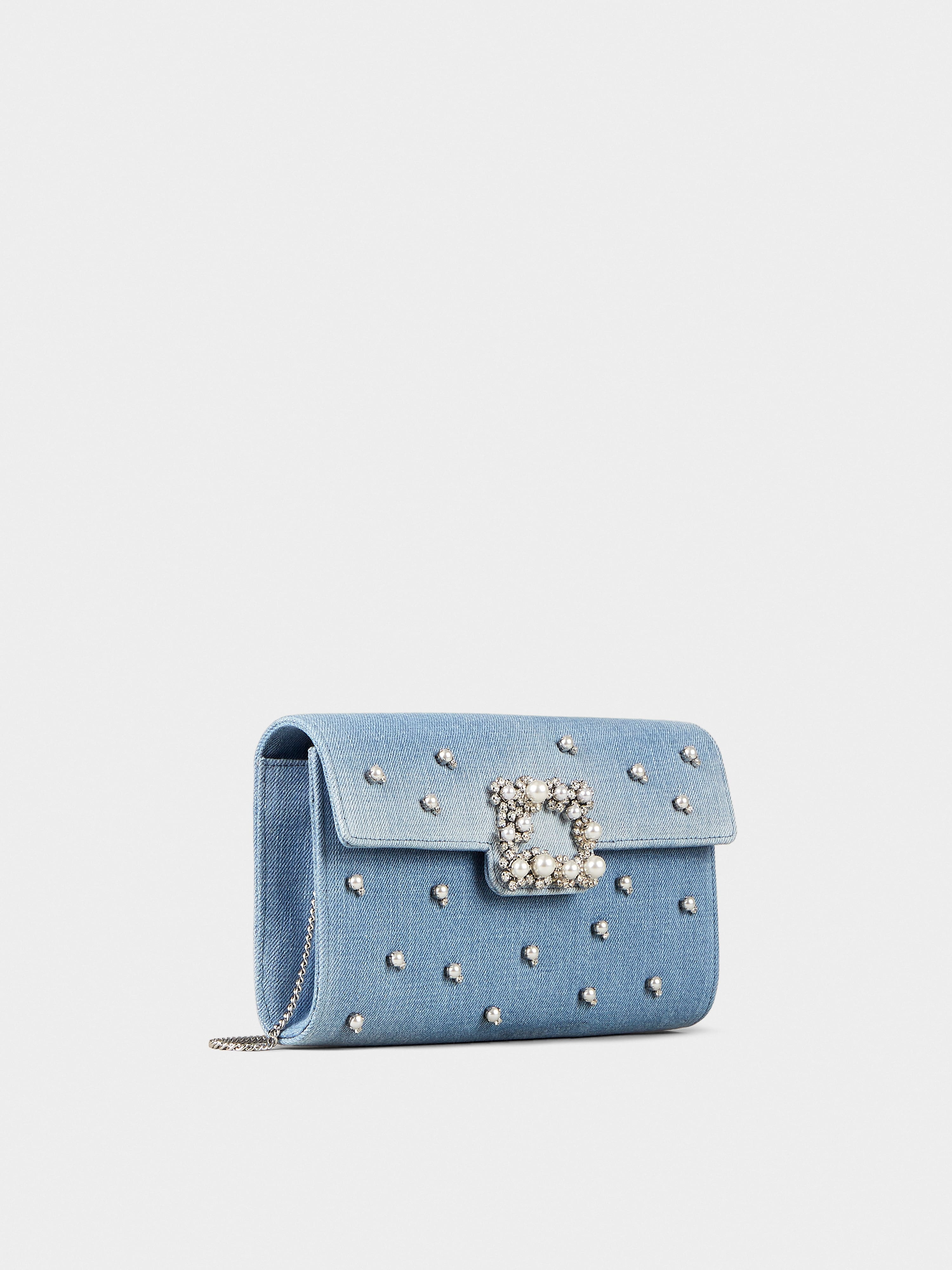 Flower Strass Pearl Buckle Clutch Bag in Denim - 3