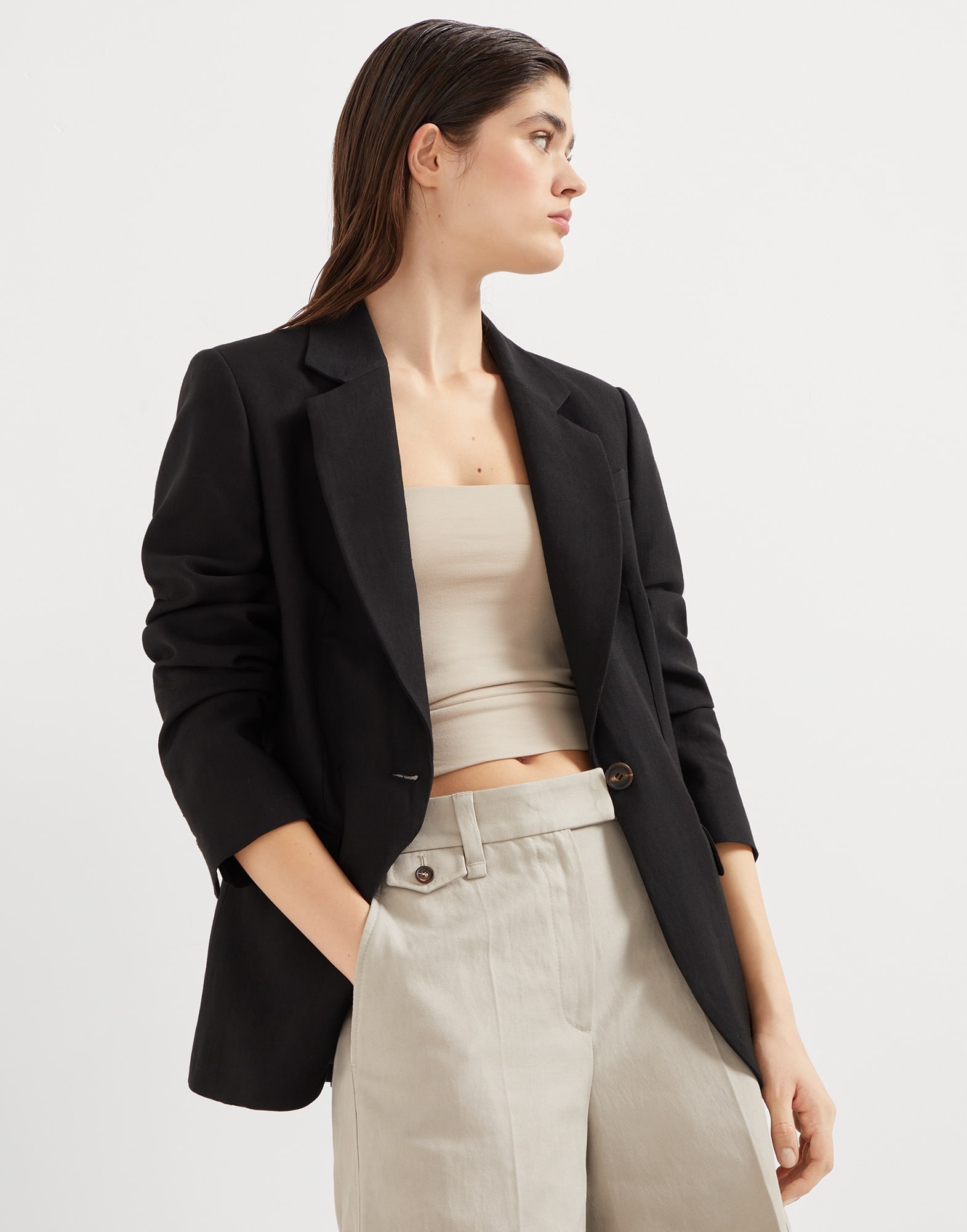 Viscose and linen fluid twill blazer with monili - 4