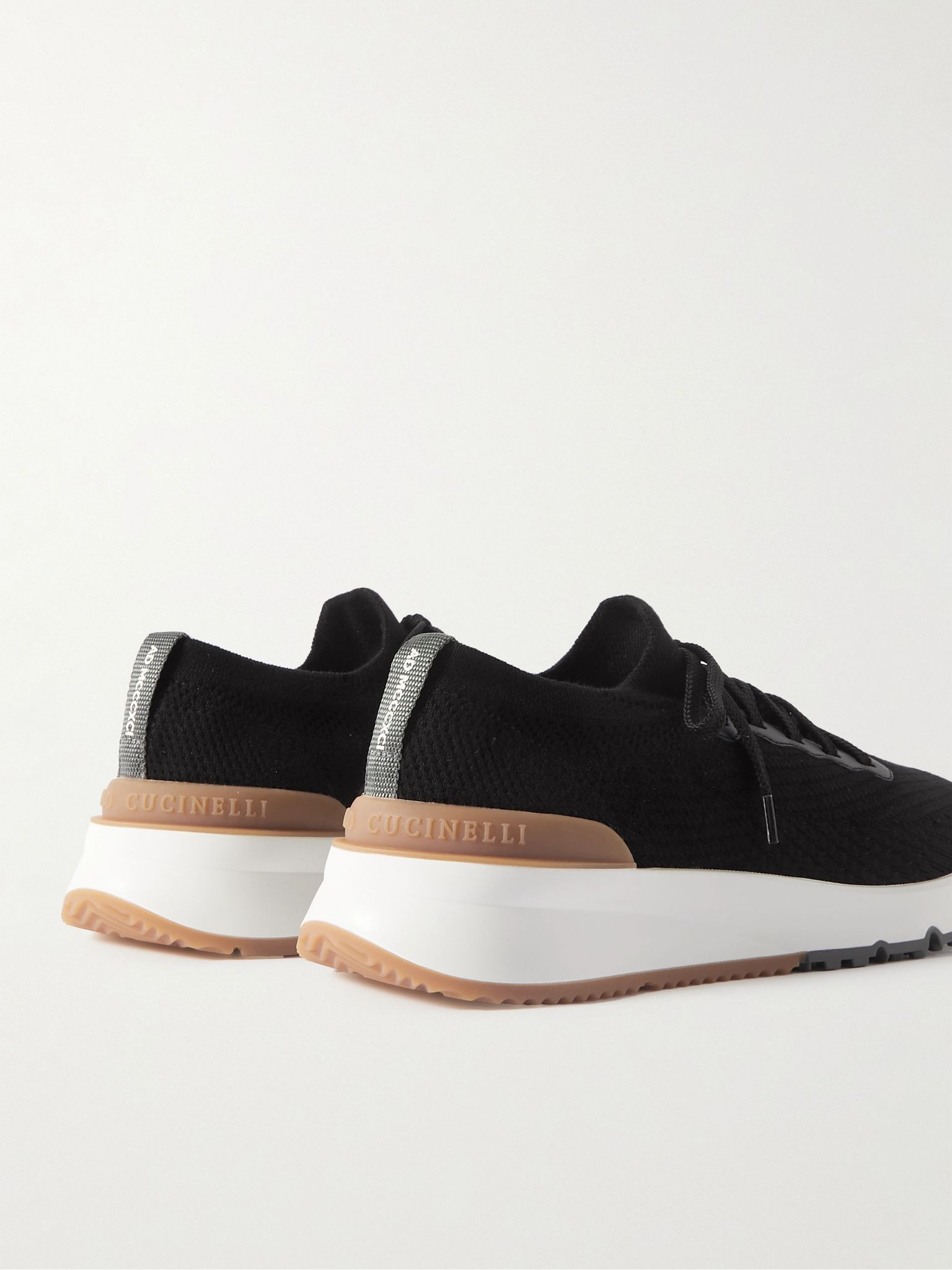 Leather-Trimmed Stretch-Knit Sneakers Black - 4