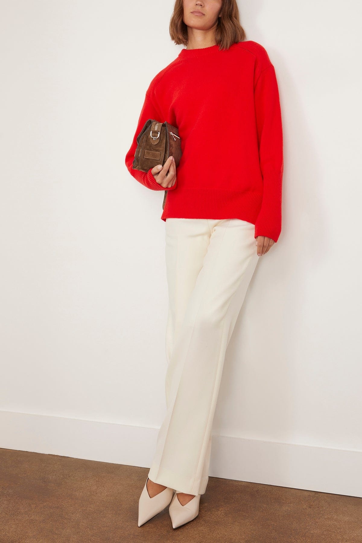 Fine Wool Knit Crew Neck Sweater in Scarlet - 2