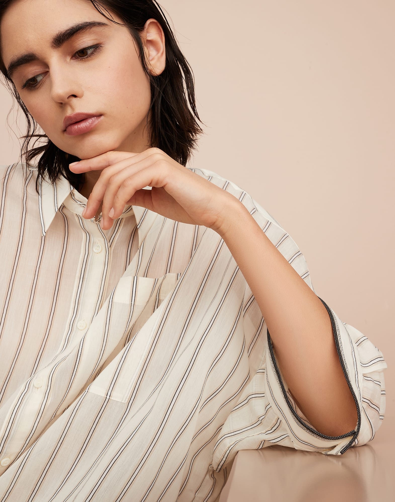 Cotton and silk striped poplin shirt with shiny cuff details - 3