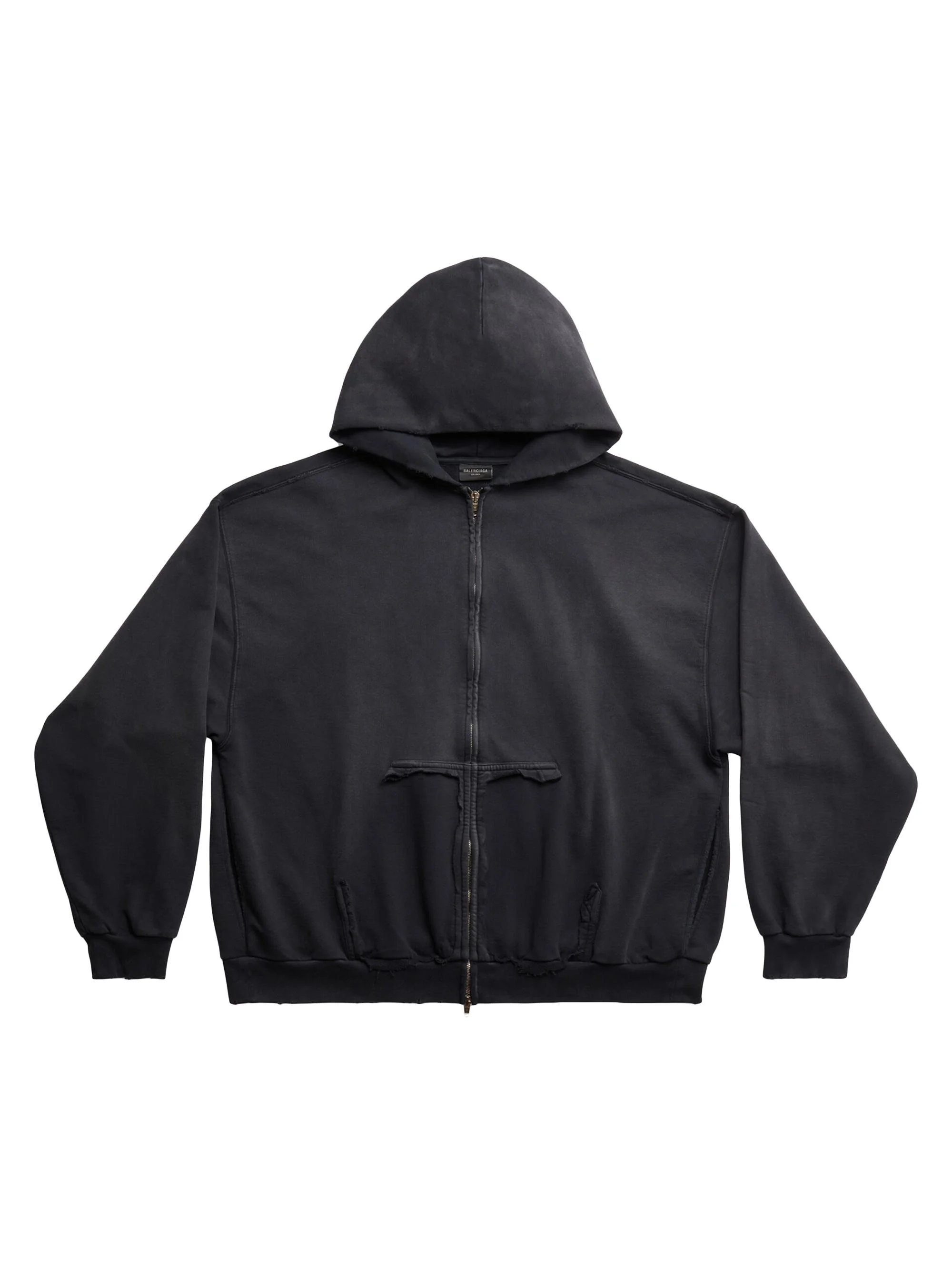 Men's Tape Type Ripped Pocket Zip-Up Hoodie - Black Faded - 1