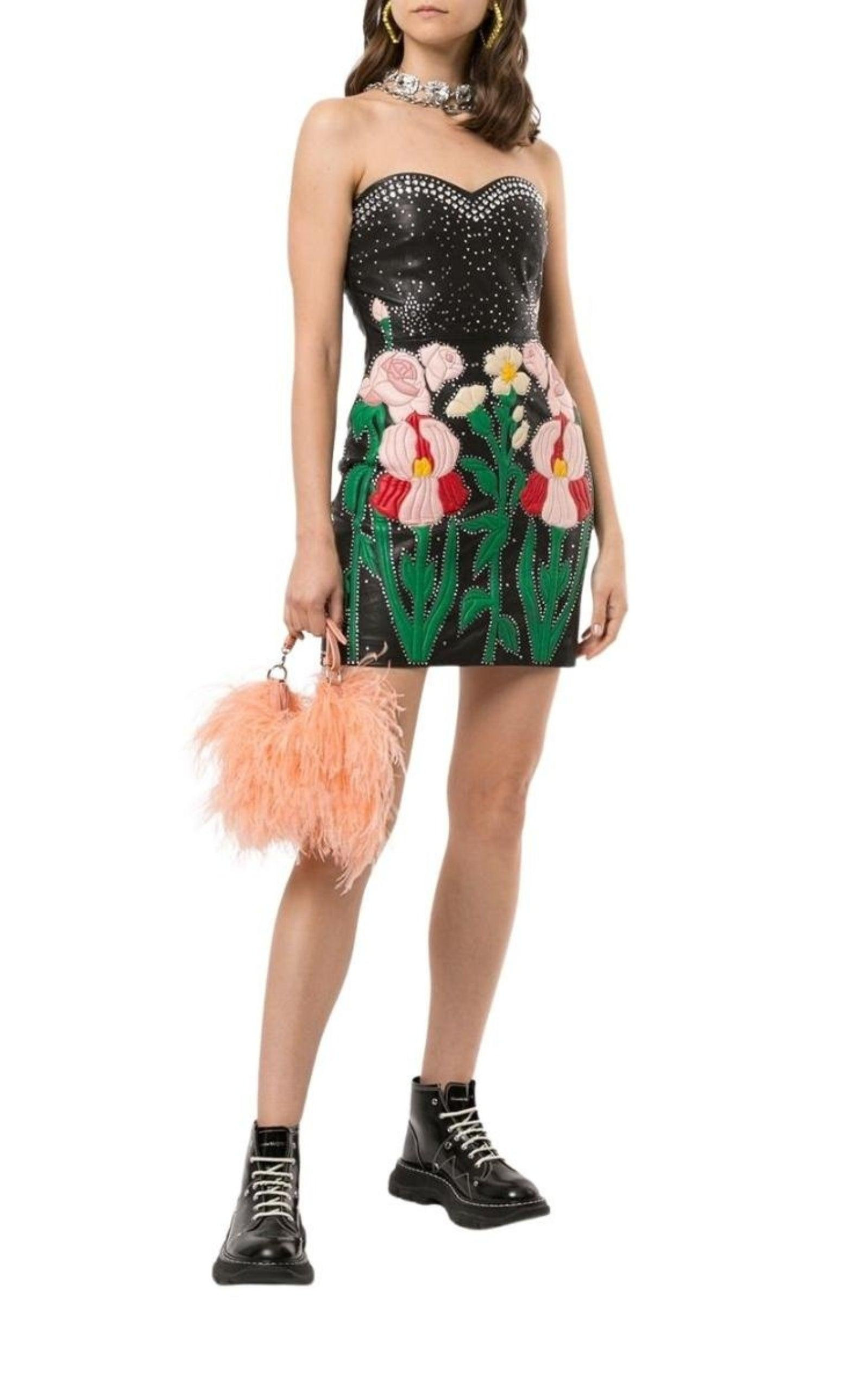 Leather Flower Intarsia Strapless Dress - 2