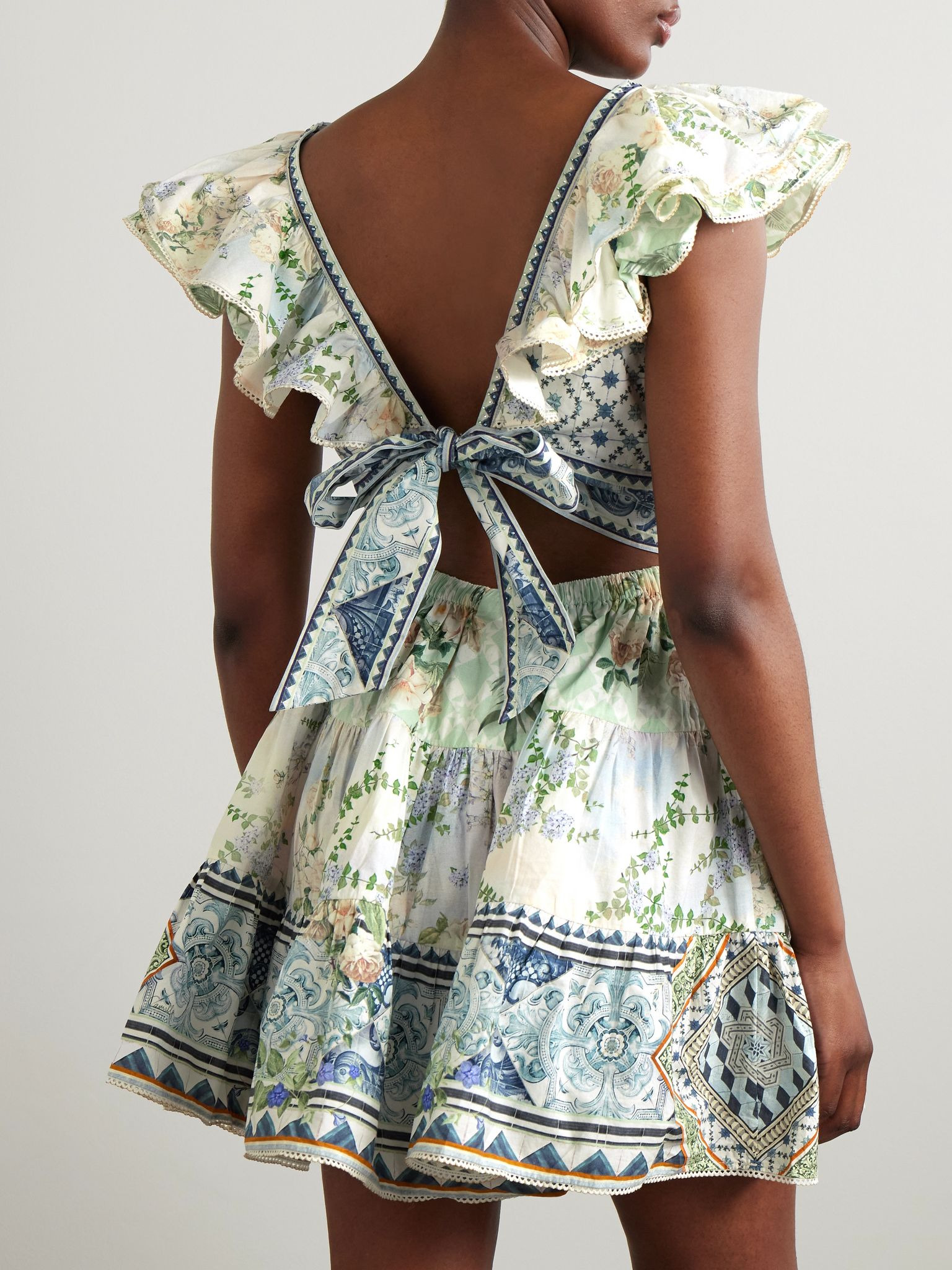 Cutout ruffled printed organic cotton mini dress Blue - 3