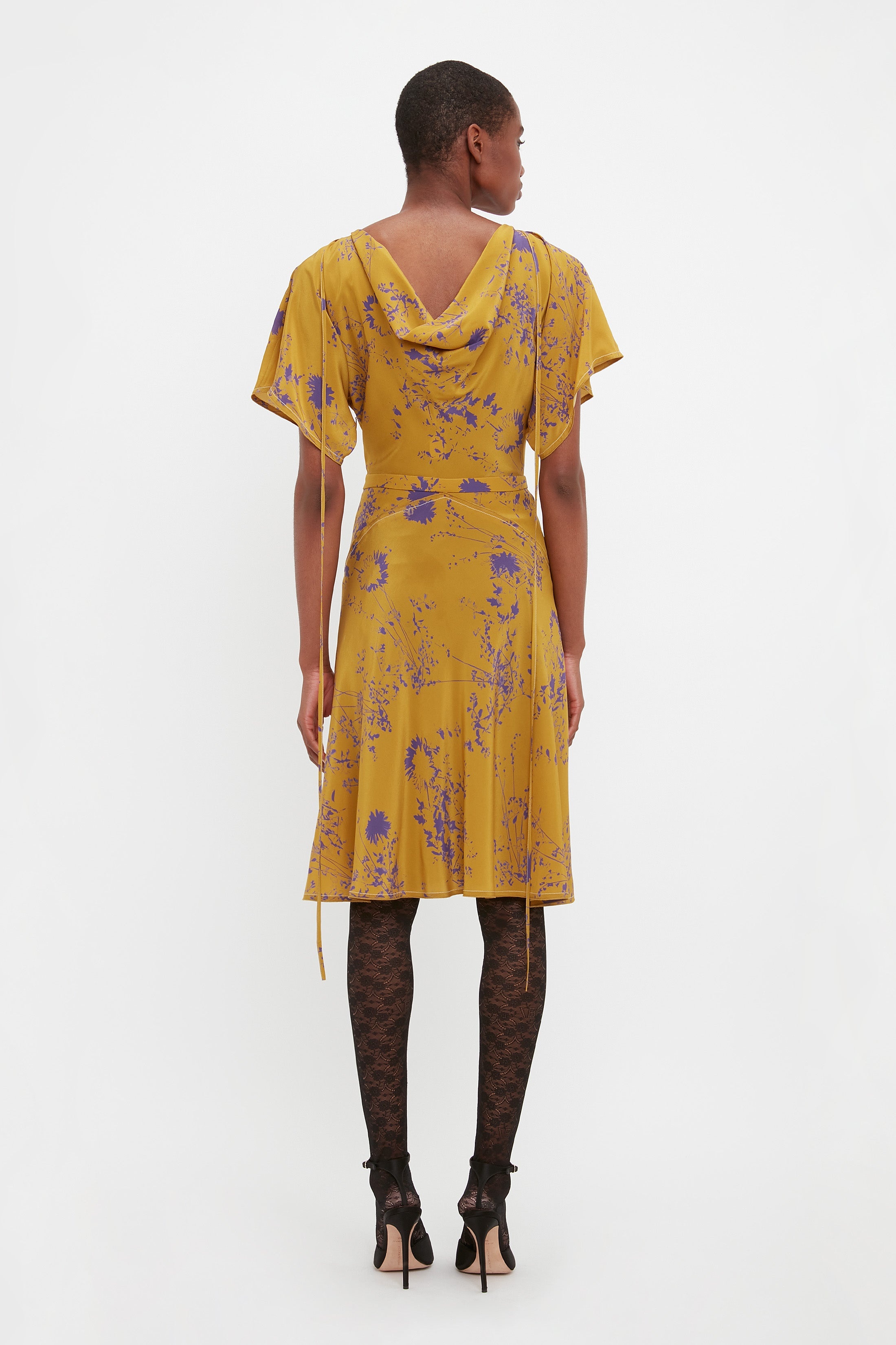 Draped Sleeve Cut Out Mini Dress In Yellow Ochre - 9