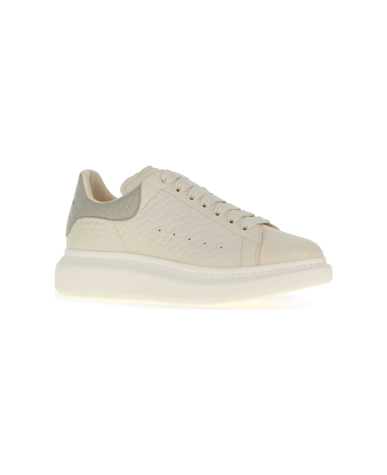 Ivory Leather Sneakers With Grey Leather Heel - 2