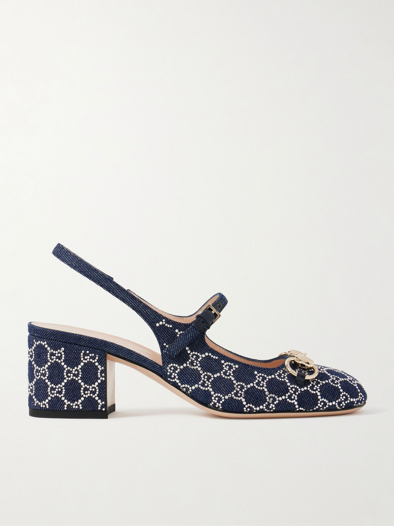 Lady horsebit-detailed crystal-embellished denim Mary Jane pumps Navy - 1