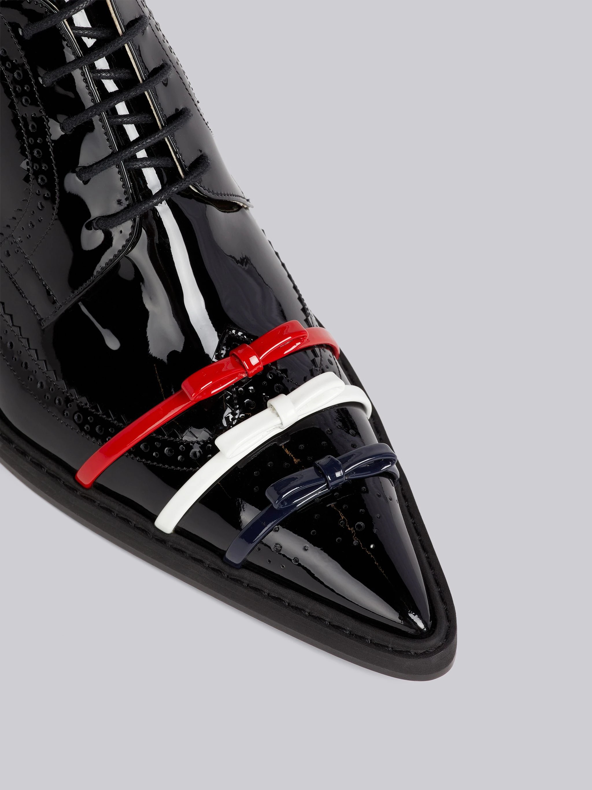 Black Soft Patent Leather Micro Sole 3-Bow 50mm Curved Heel Longwing Brogue - 2