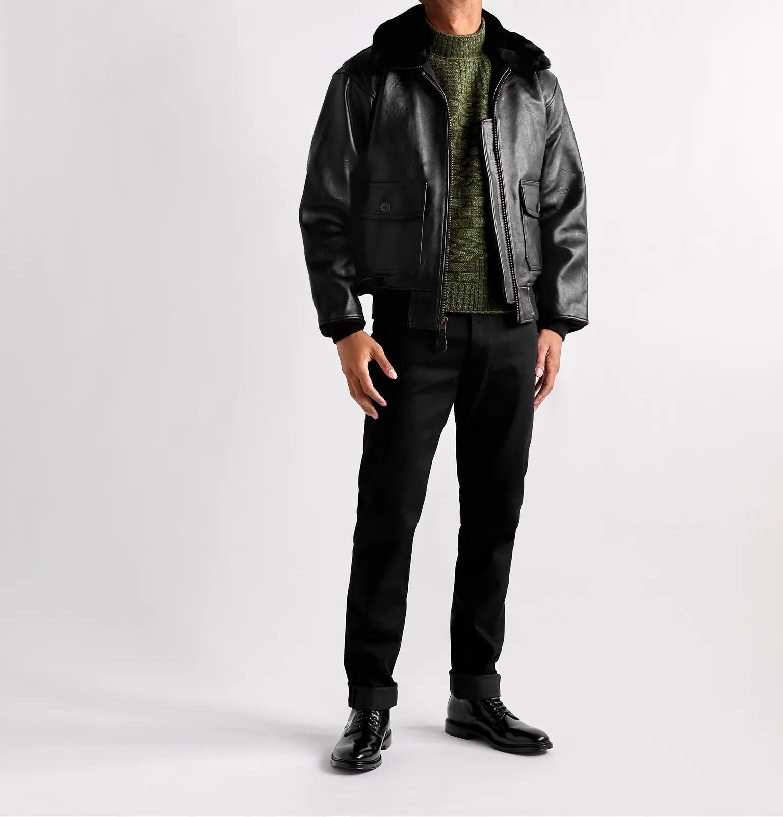 G-1 Shearling-Trimmed Leather Bomber Jacket - 2