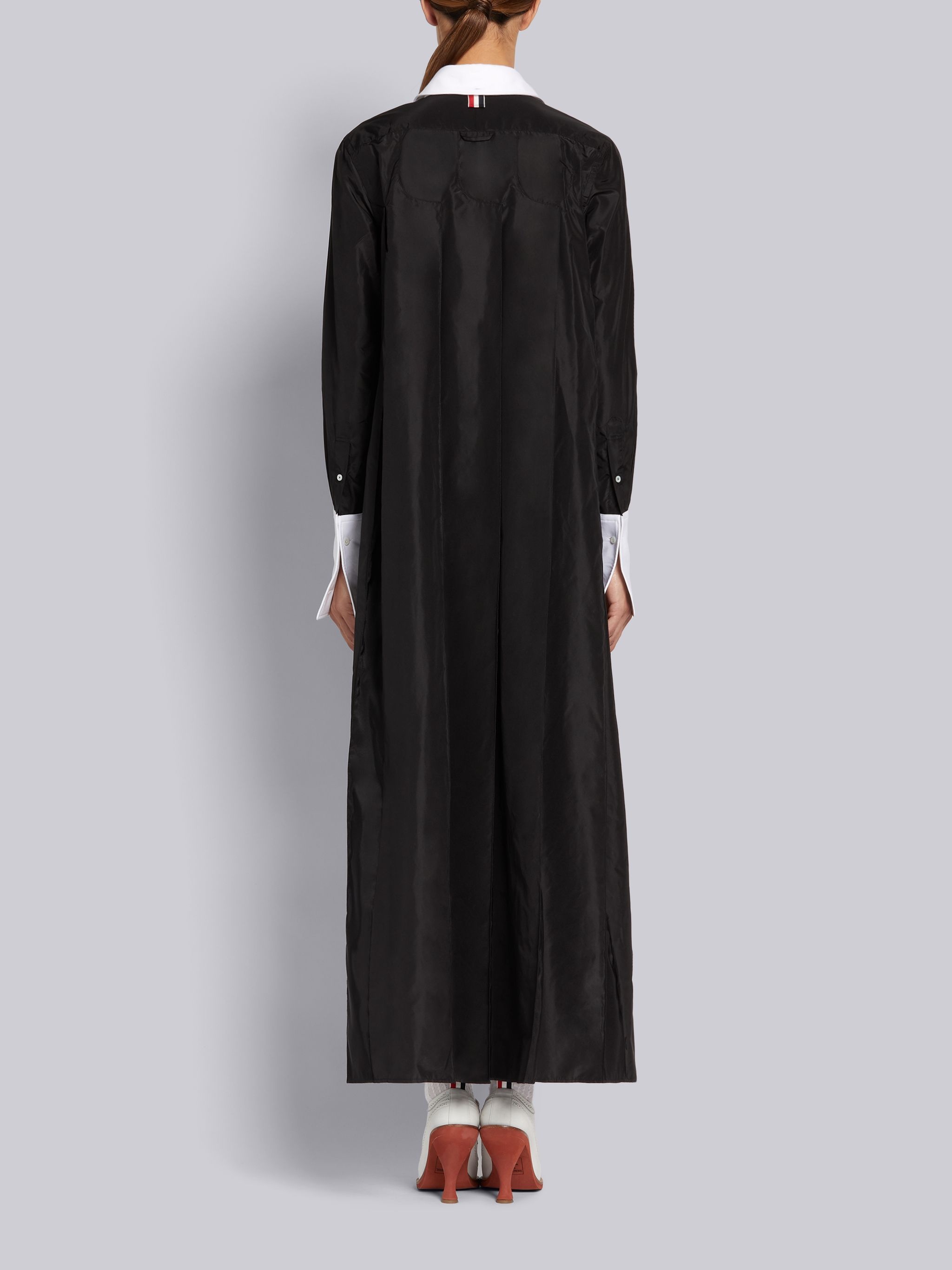 Black Silk Taffeta Long Sleeve French Cuff Inverted Pleat Ankle Length Shirtdress - 3