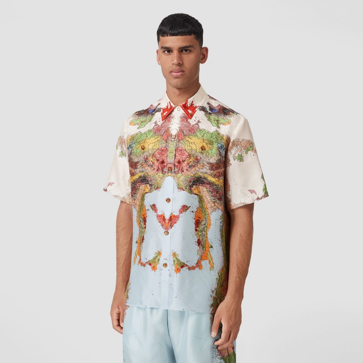 Short-sleeve Map Print Silk Oversized Shirt - 5