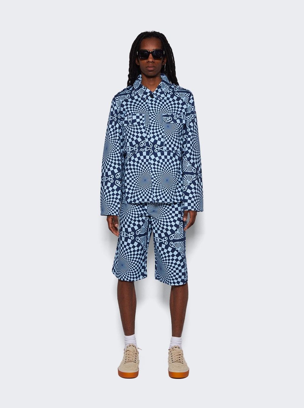 Folk Checkerboard Print Overshirt Blue - 2