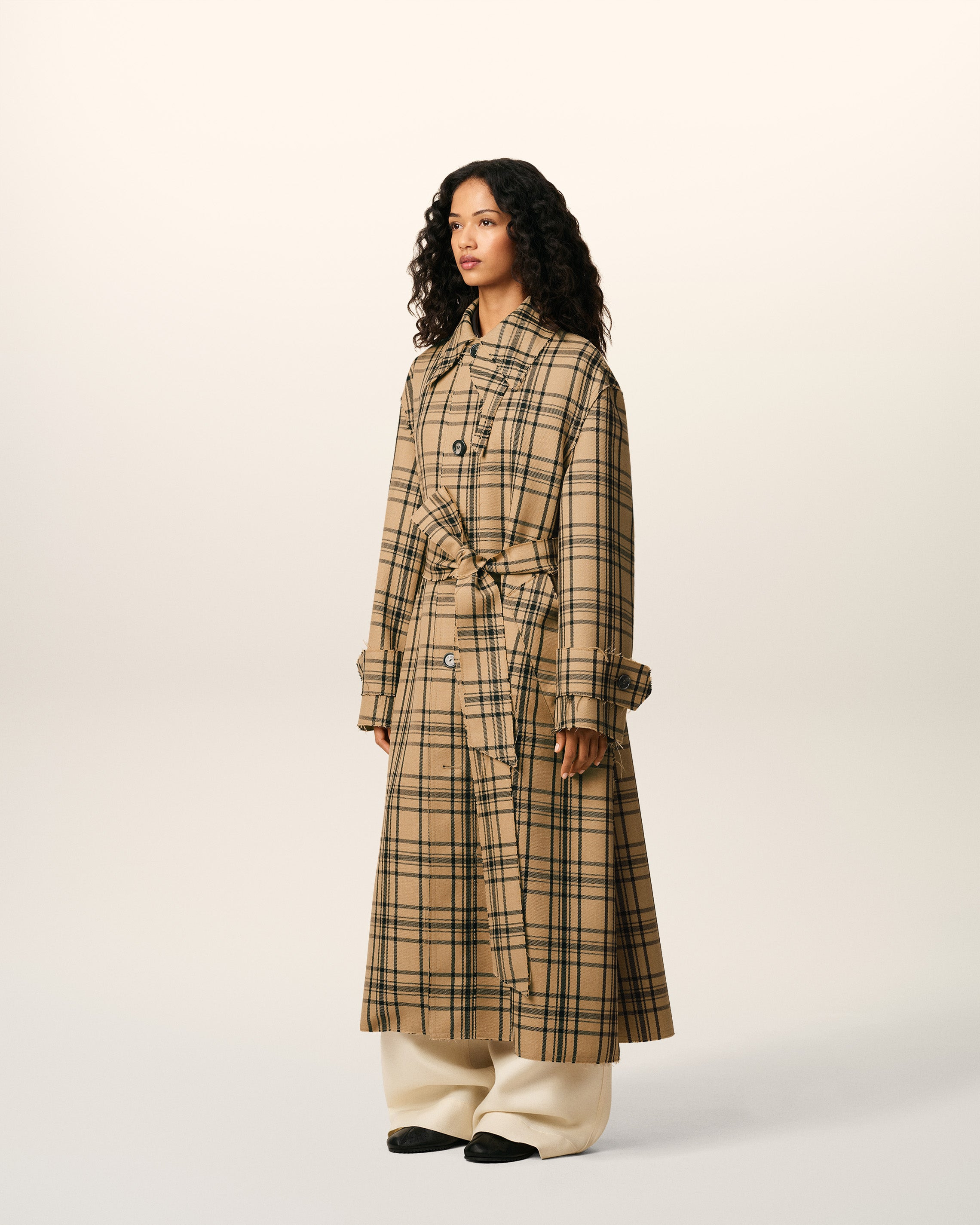BROWN WOOL CHECKED BELTED MAC - 6