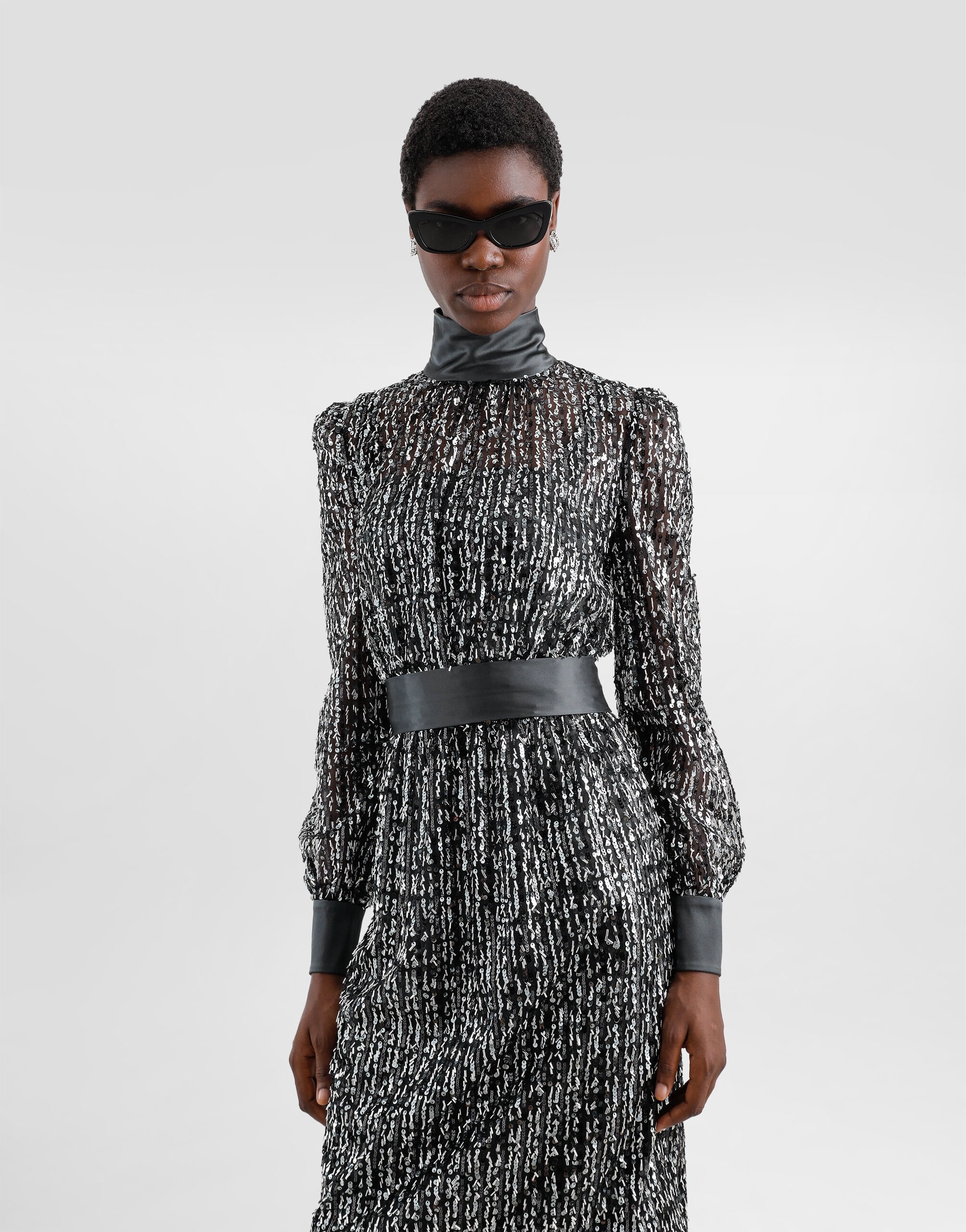 Midi dress with vertical sequin stripe embroidery - 4