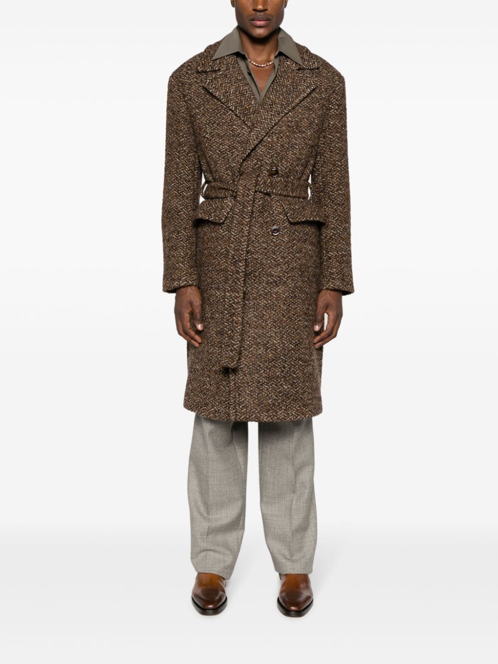 notched-lapels belted-waist coat - 2