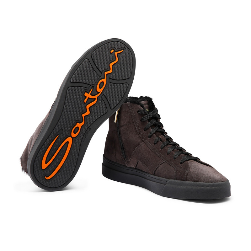 Men’s grey suede high top double buckle sneaker with fur 4